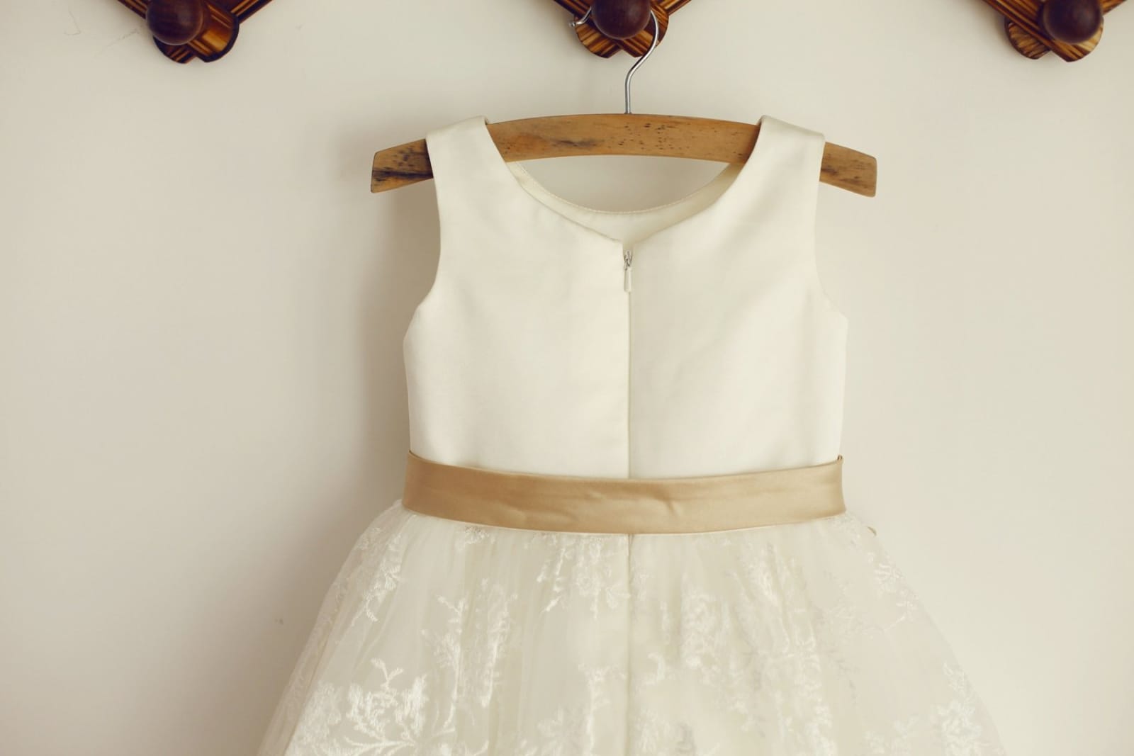 Champagne Belt, Lace Satin Flower Girl Dress