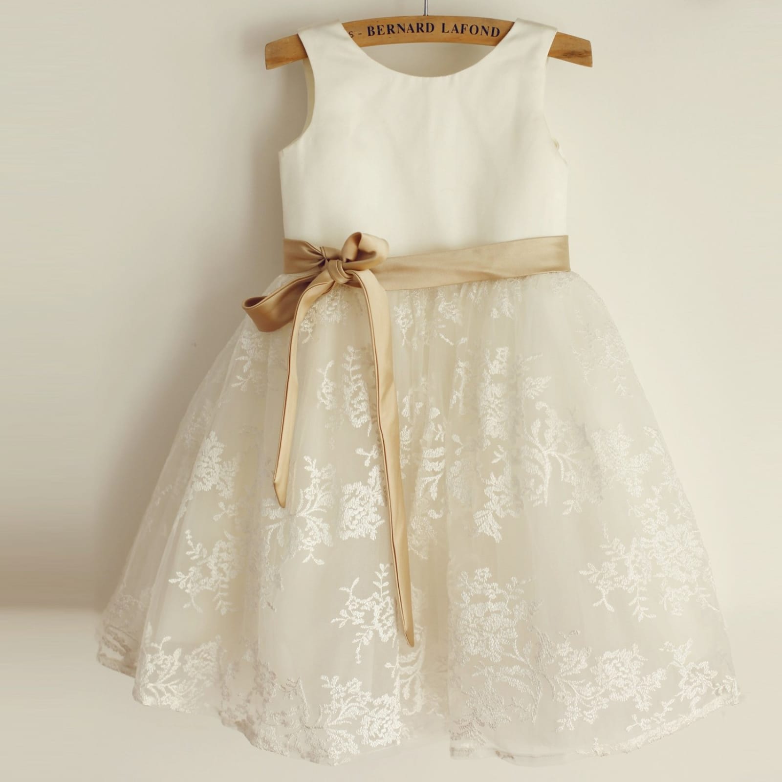 Champagne Belt, Lace Satin Flower Girl Dress