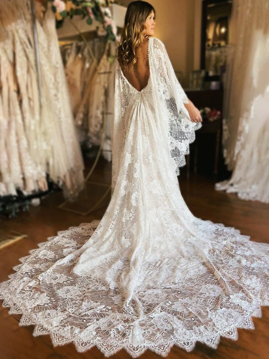 KissDress-Anais Ivory Long Sleeve Cape Lace Mermaid Wedding Dress with Appliques