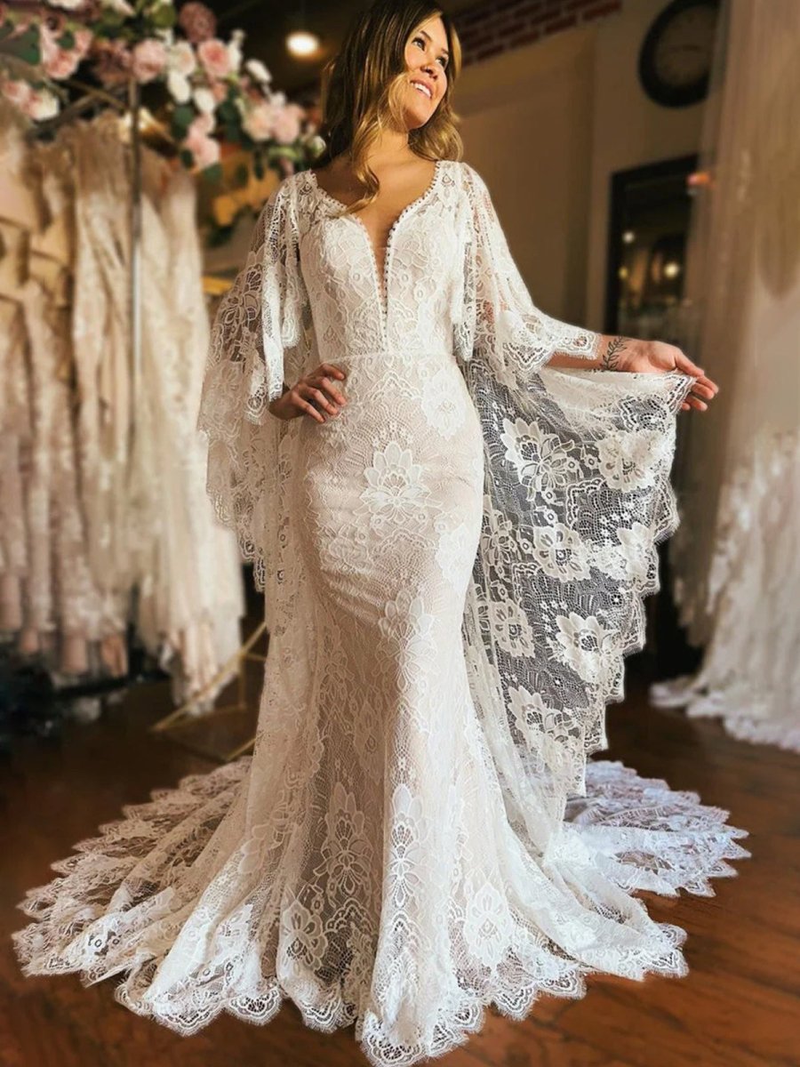 KissDress-Anais Ivory Long Sleeve Cape Lace Mermaid Wedding Dress with Appliques