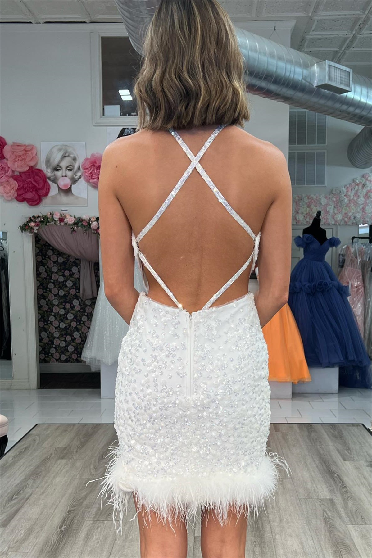 Ivory Sequins Sheath Halter Straps Homecoming Dress with Feathers