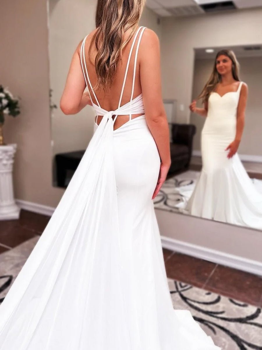 KissDress-Ivory Sweetheart Backless Mermaid Long Wedding Dress with Attached Train
