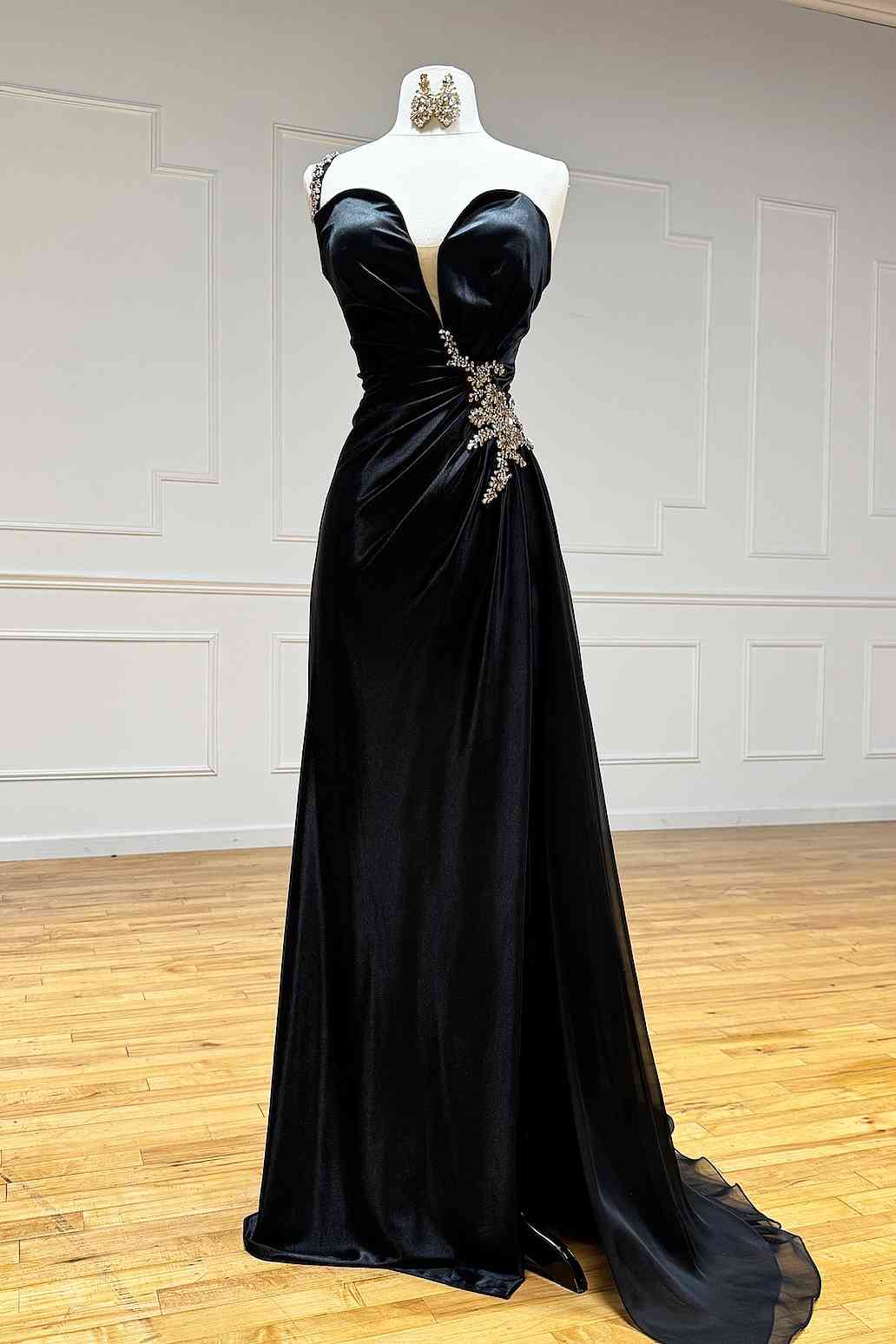 Black Rhinestone One Shoulder A Line Prom Dress with Slit