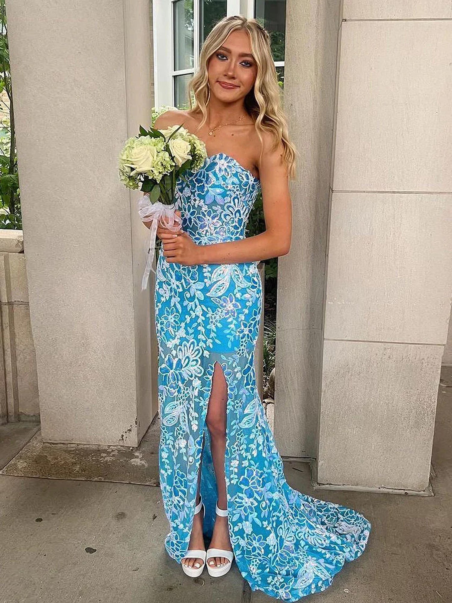 Orange Sweetheart Mermaid Lace Long Prom Dresses With Split