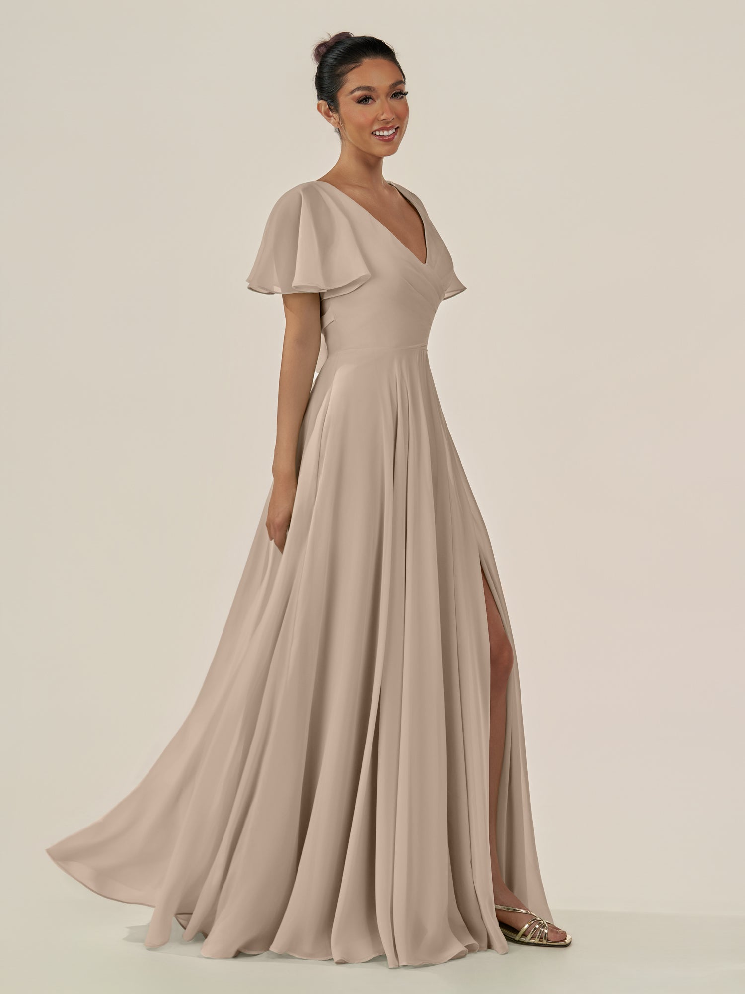 KissDress-Jania Almond A Line Chiffon V Neck Long Bridesmaid Dress with Flutter Sleeves