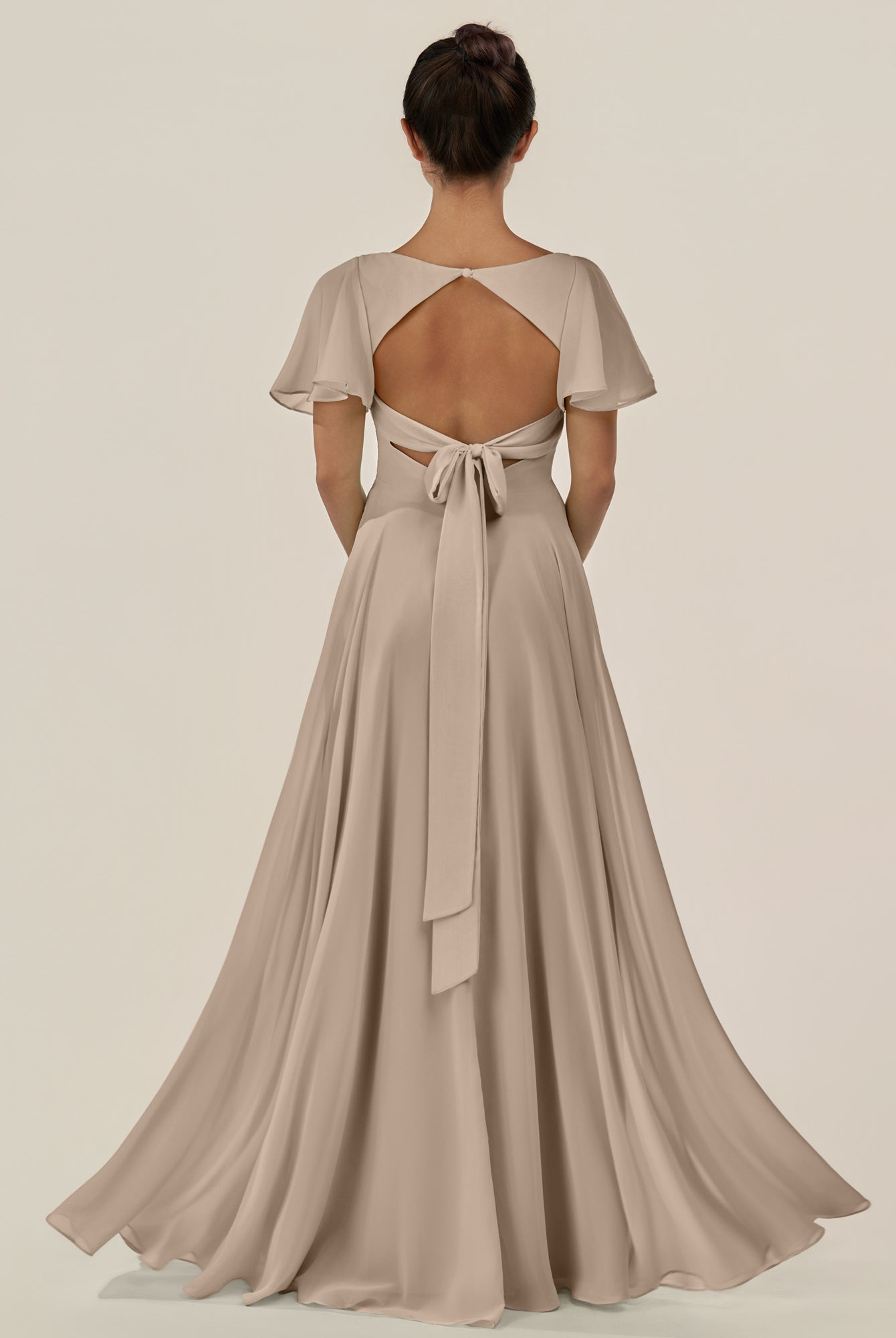 KissDress-Jania Almond A Line Chiffon V Neck Long Bridesmaid Dress with Flutter Sleeves
