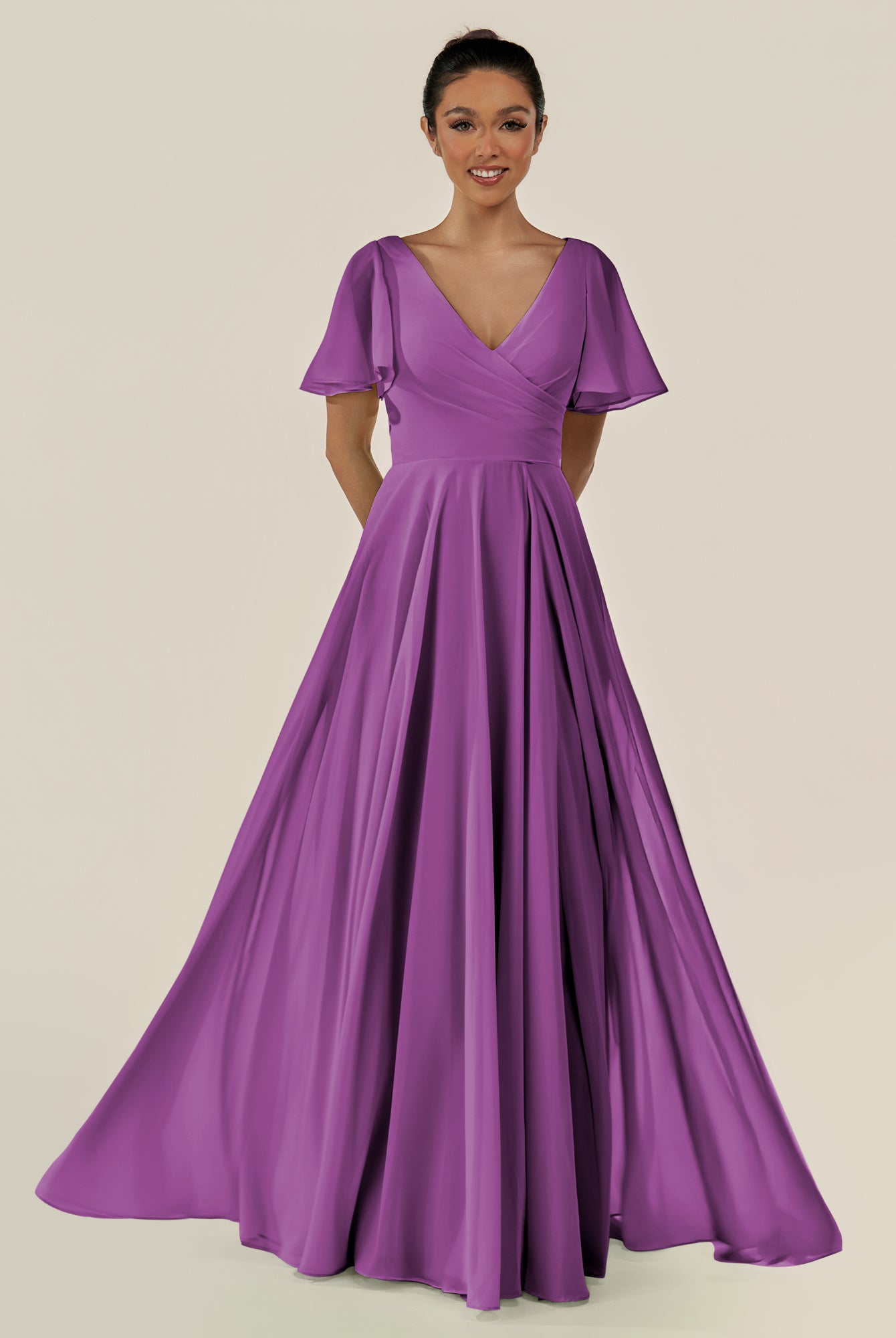 KissDress-Jania Amethyst A Line Chiffon V Neck Long Bridesmaid Dress with Flutter Sleeves