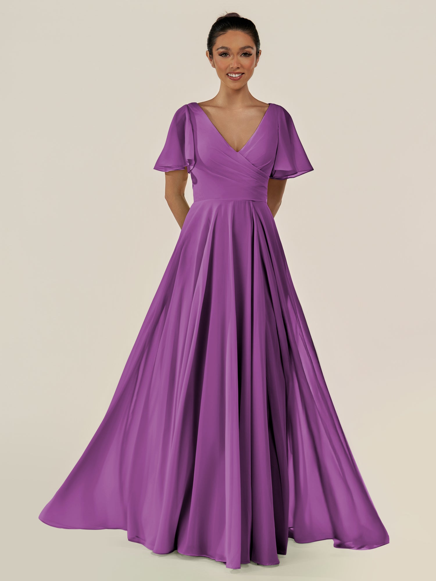 KissDress-Jania Amethyst A Line Chiffon V Neck Long Bridesmaid Dress with Flutter Sleeves