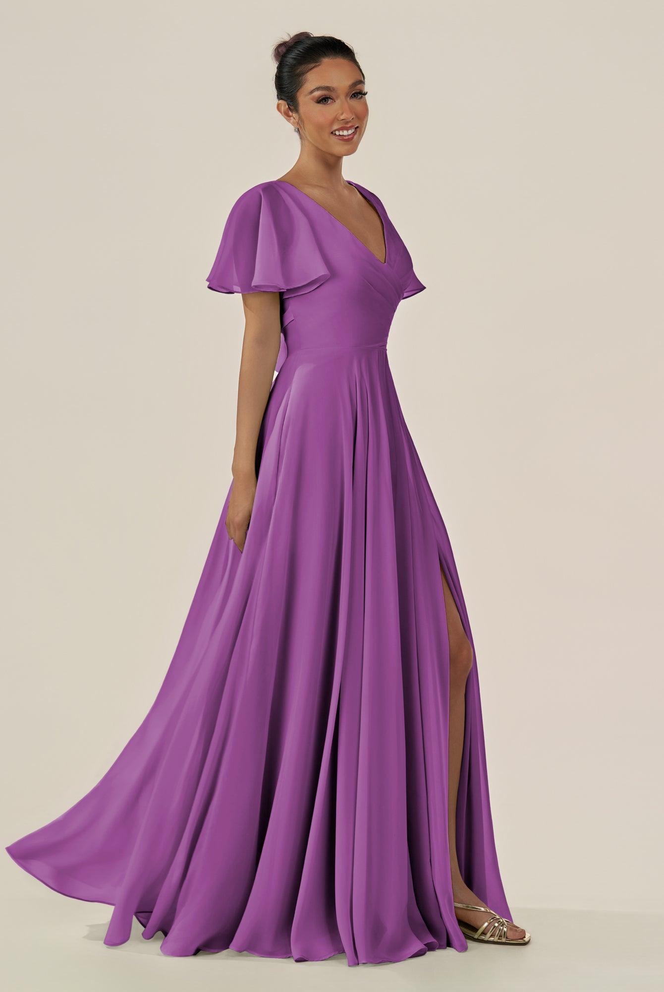 KissDress-Jania Amethyst A Line Chiffon V Neck Long Bridesmaid Dress with Flutter Sleeves