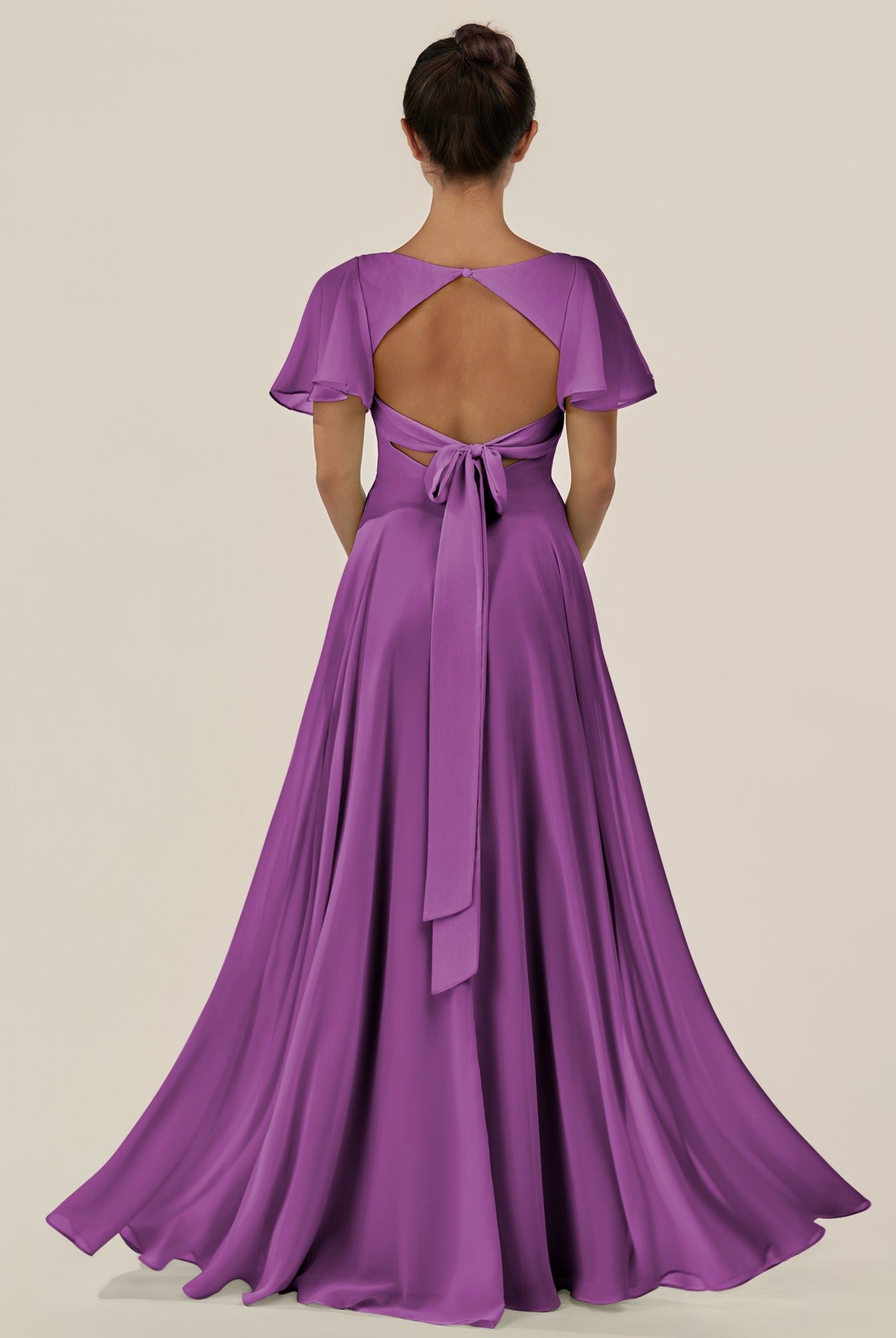 KissDress-Jania Amethyst A Line Chiffon V Neck Long Bridesmaid Dress with Flutter Sleeves