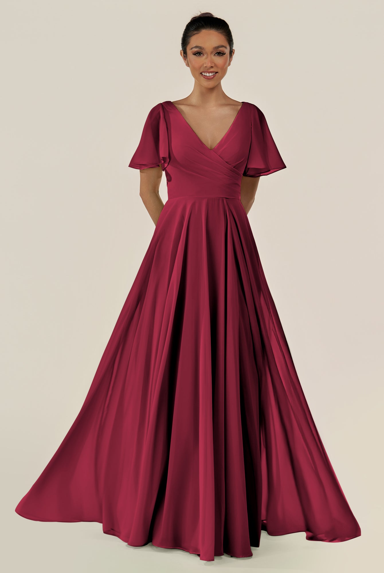 KissDress-Jania Berry A Line Chiffon V Neck Long Bridesmaid Dress with Flutter Sleeves
