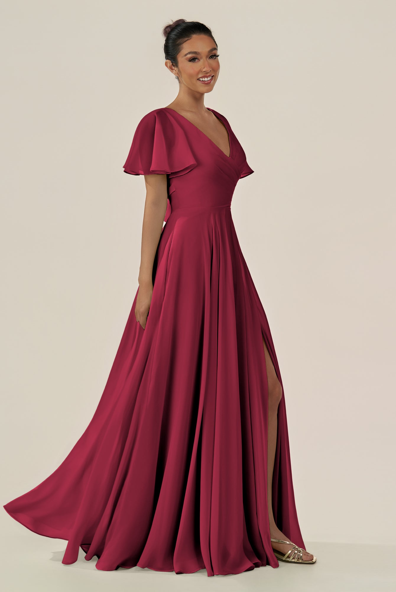 KissDress-Jania Berry A Line Chiffon V Neck Long Bridesmaid Dress with Flutter Sleeves