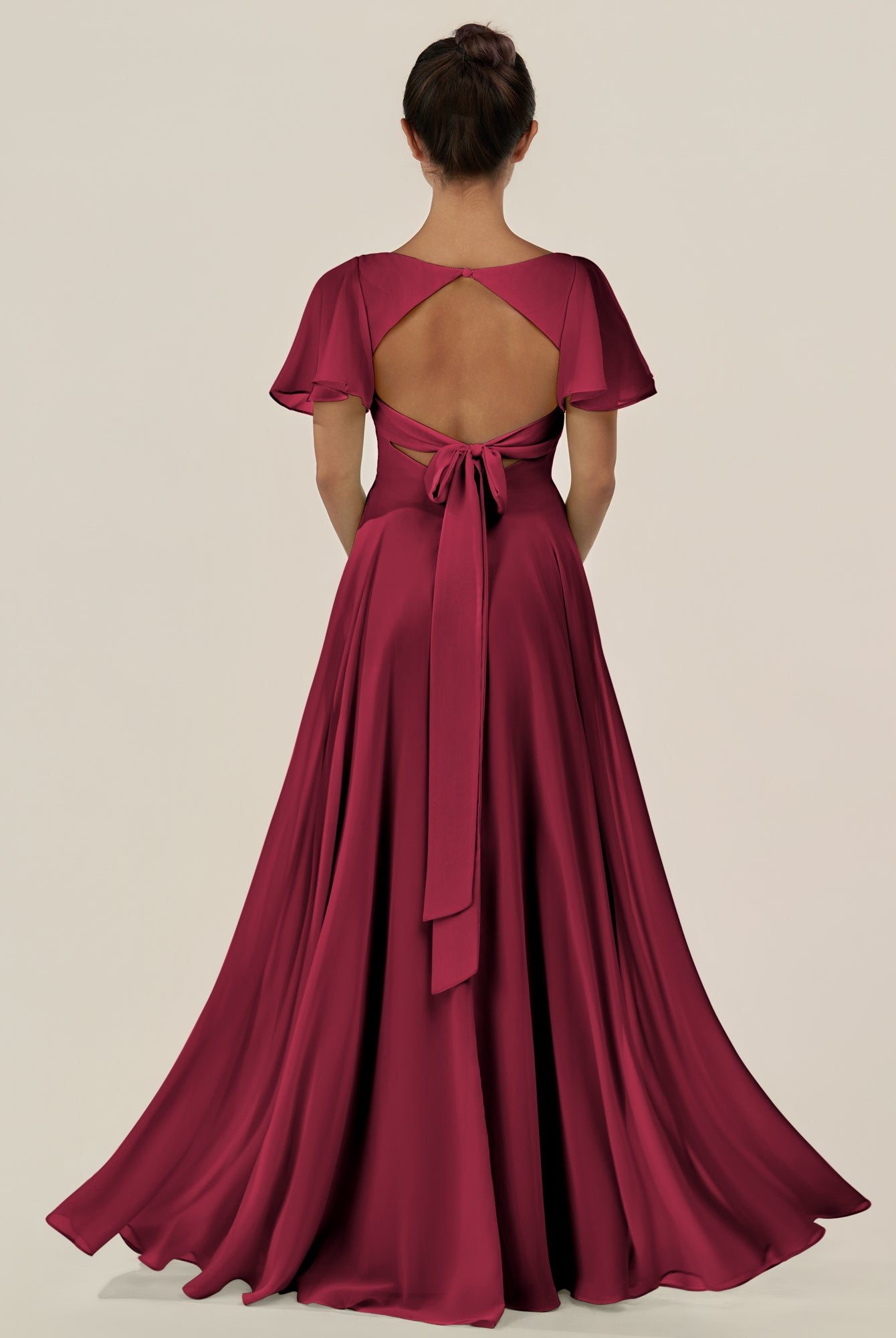 KissDress-Jania Berry A Line Chiffon V Neck Long Bridesmaid Dress with Flutter Sleeves