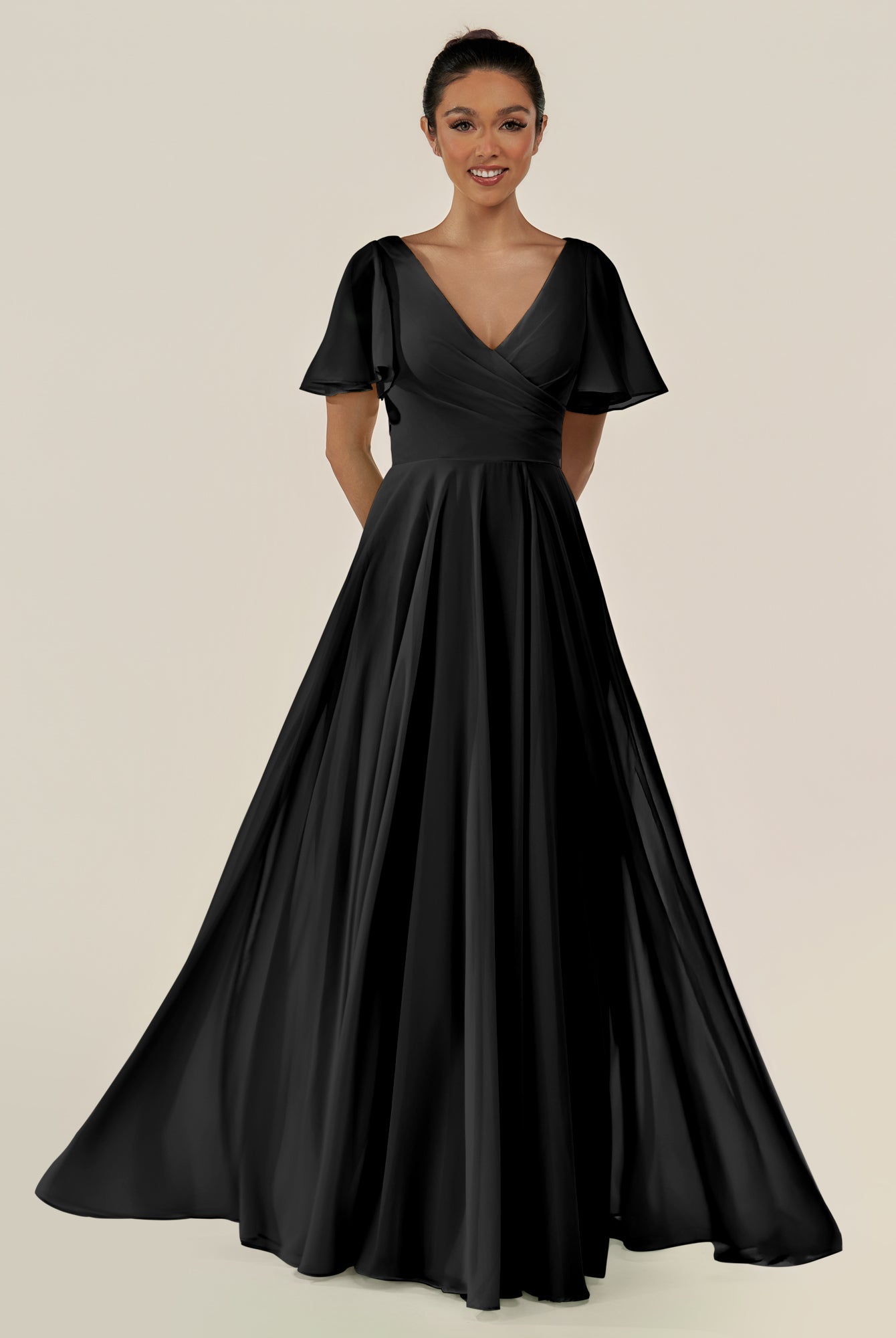KissDress-Jania Black A Line Chiffon V Neck Long Bridesmaid Dress with Flutter Sleeves