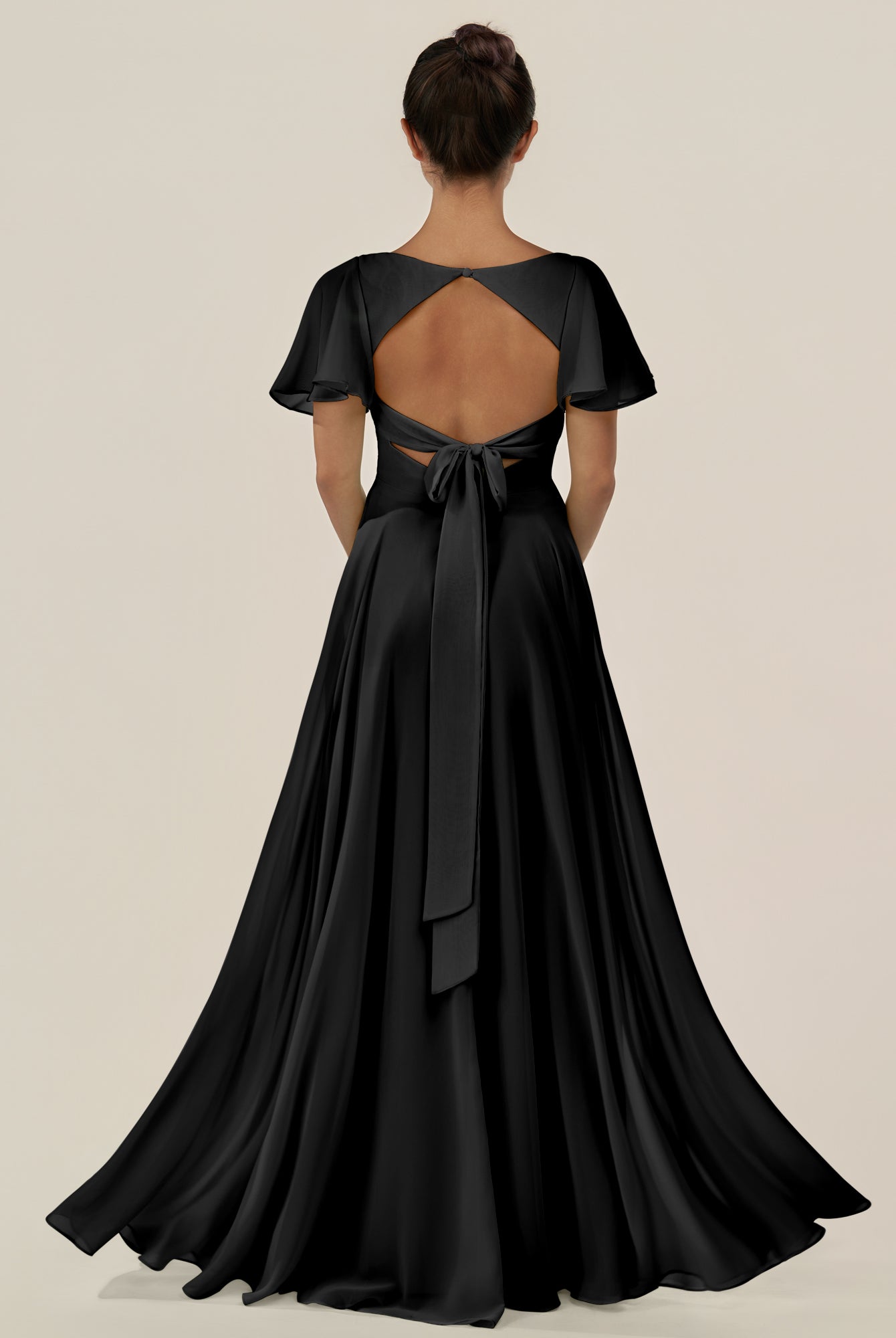 KissDress-Jania Black A Line Chiffon V Neck Long Bridesmaid Dress with Flutter Sleeves
