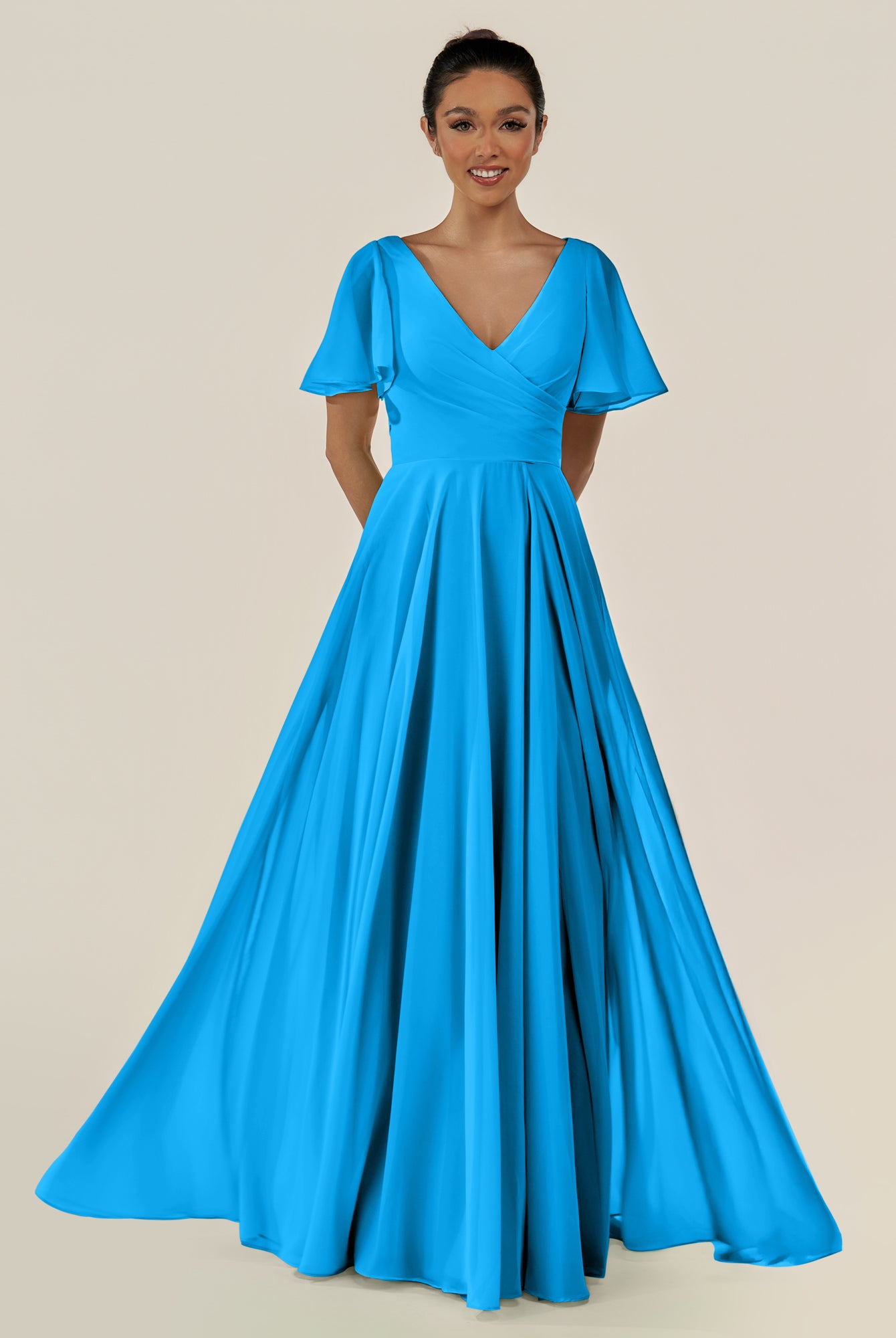 KissDress-Jania Blue Jay A Line Chiffon V Neck Long Bridesmaid Dress with Flutter Sleeves