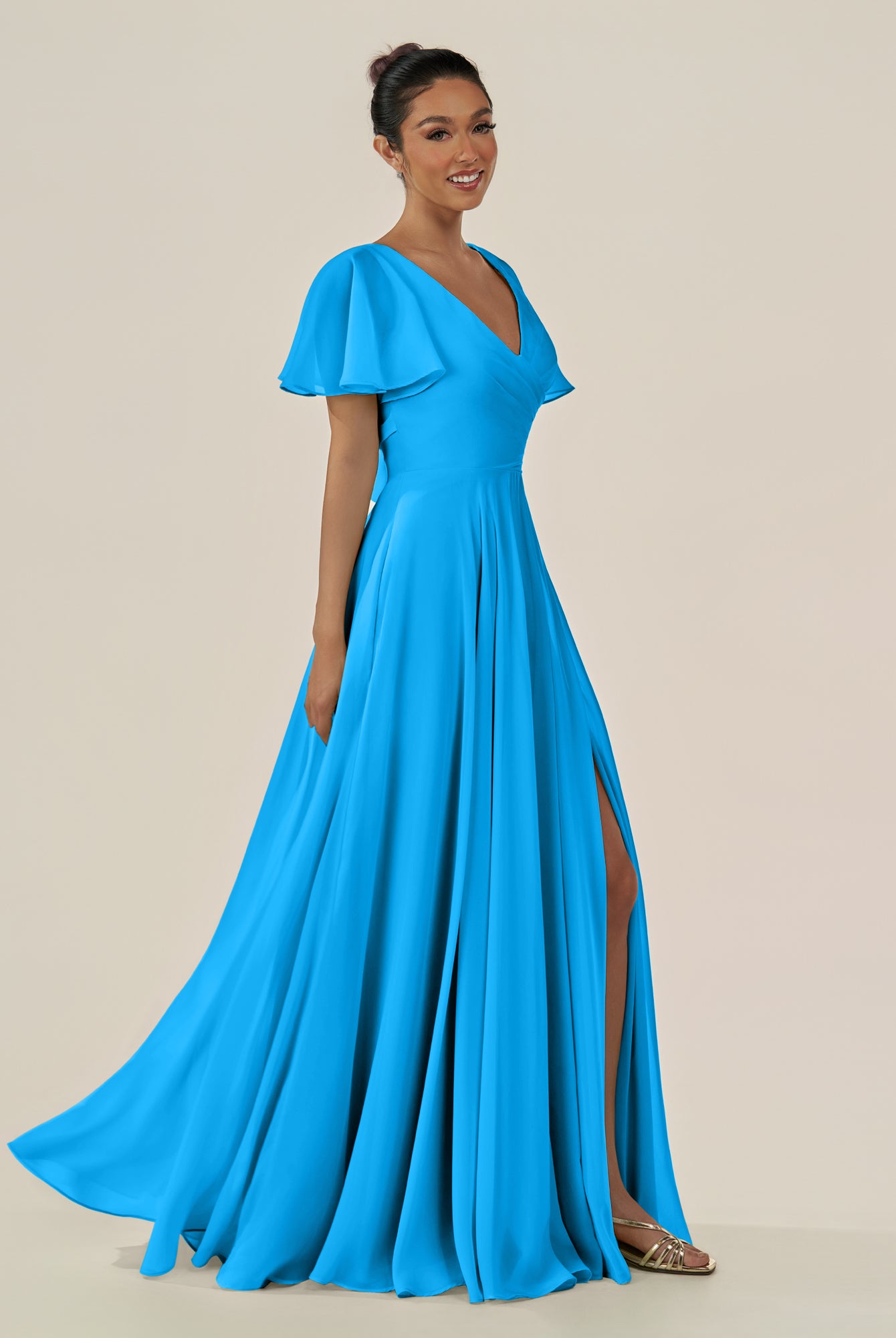 KissDress-Jania Blue Jay A Line Chiffon V Neck Long Bridesmaid Dress with Flutter Sleeves