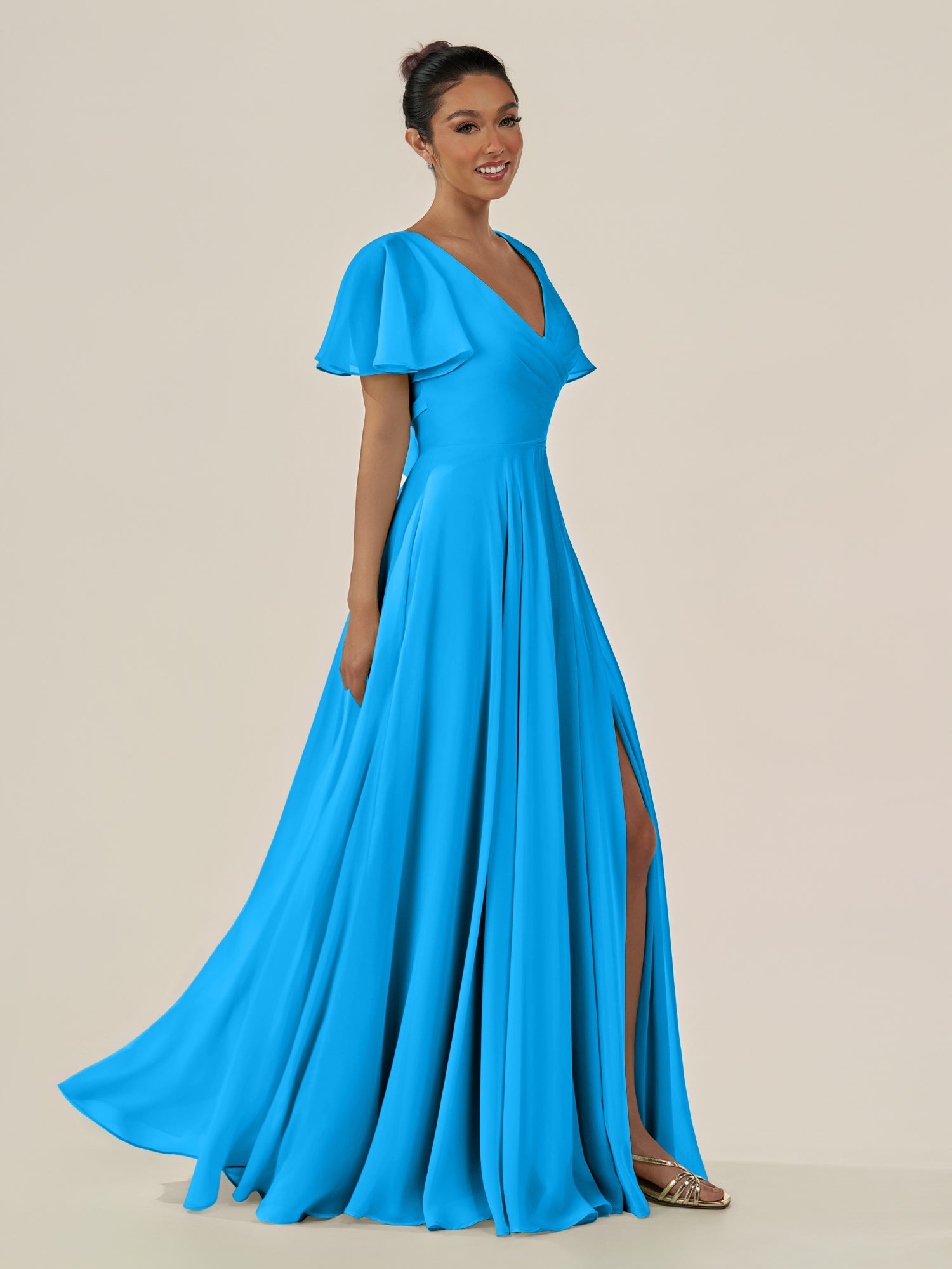 KissDress-Jania Blue Jay A Line Chiffon V Neck Long Bridesmaid Dress with Flutter Sleeves