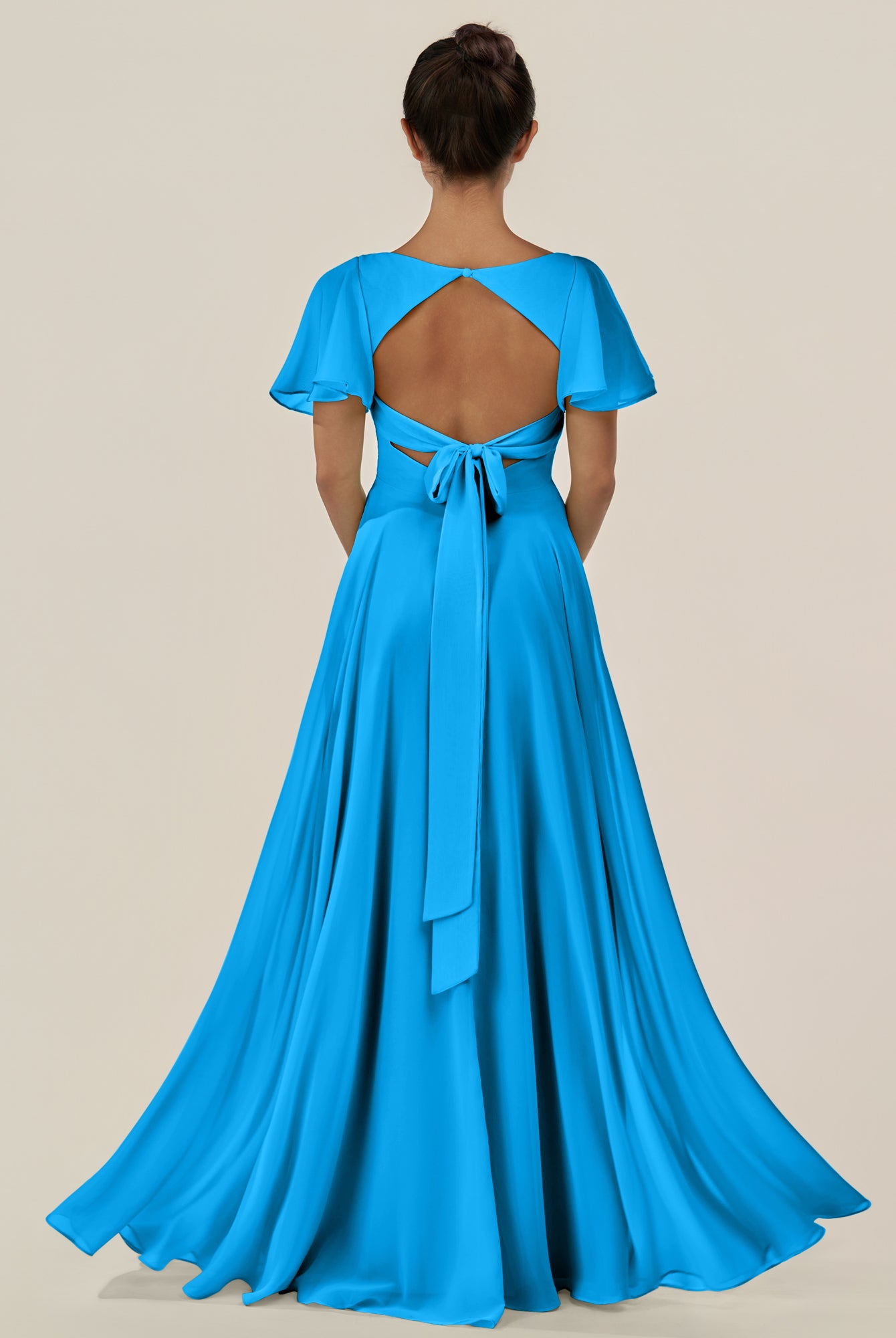 KissDress-Jania Blue Jay A Line Chiffon V Neck Long Bridesmaid Dress with Flutter Sleeves
