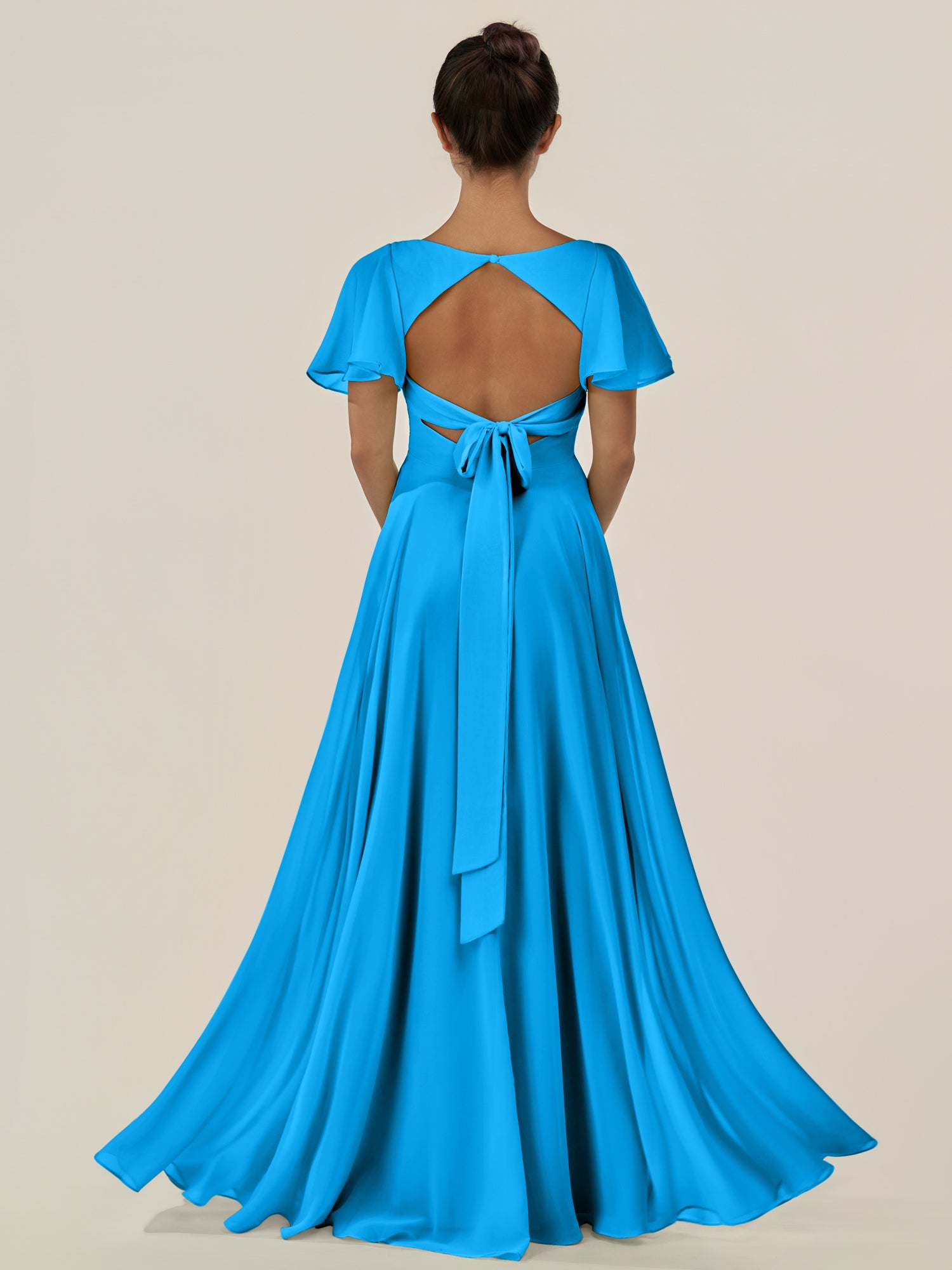 KissDress-Jania Blue Jay A Line Chiffon V Neck Long Bridesmaid Dress with Flutter Sleeves
