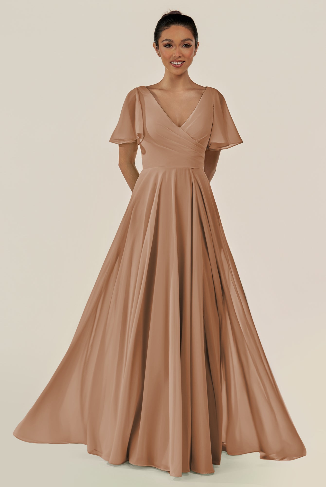 KissDress-Jania Bronzer A Line Chiffon V Neck Long Bridesmaid Dress with Flutter Sleeves