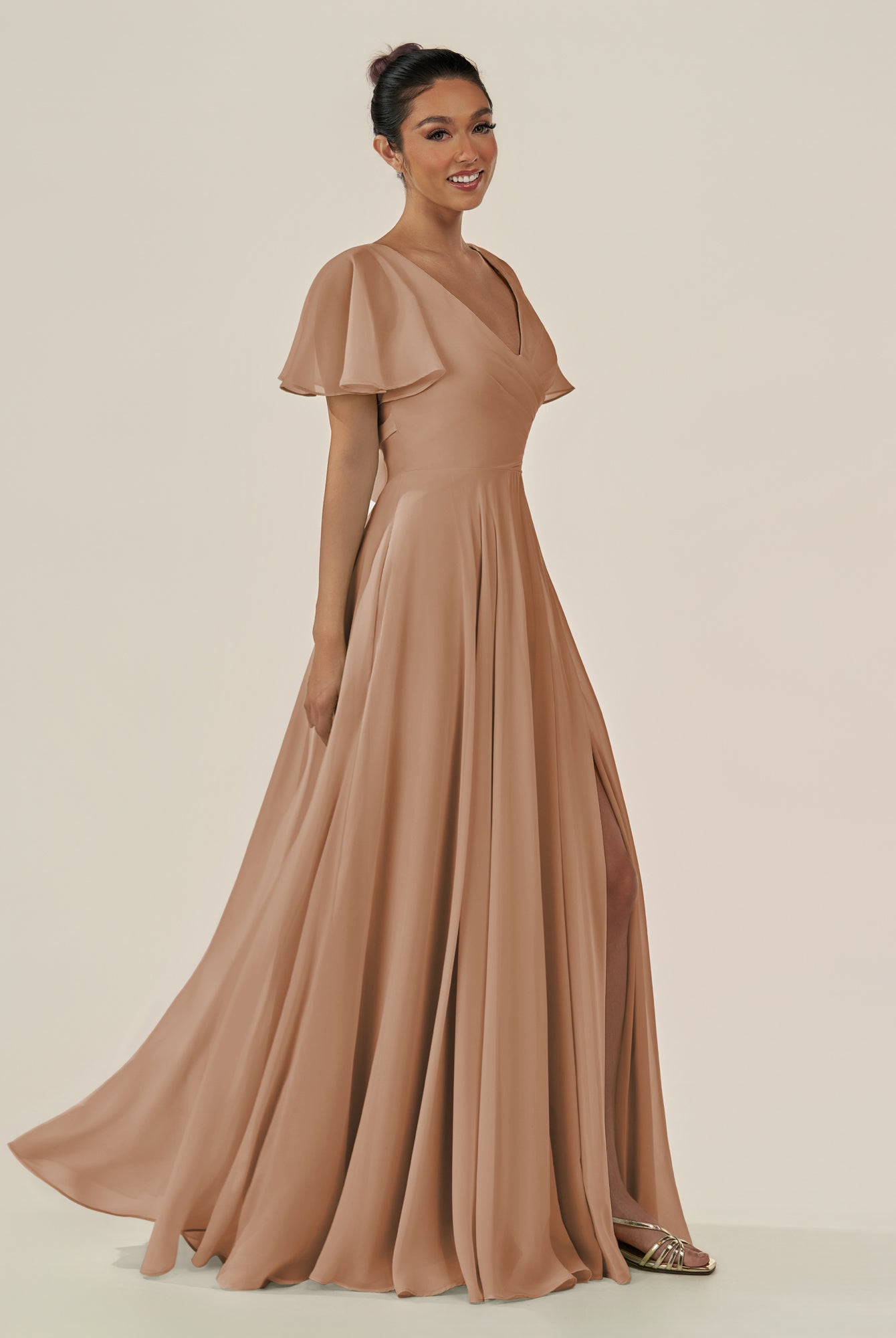 KissDress-Jania Bronzer A Line Chiffon V Neck Long Bridesmaid Dress with Flutter Sleeves