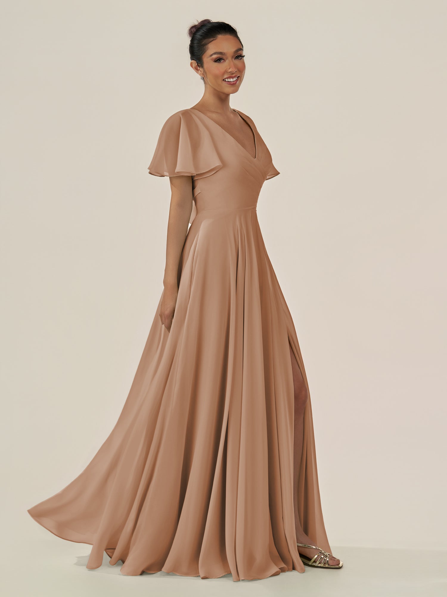 KissDress-Jania Bronzer A Line Chiffon V Neck Long Bridesmaid Dress with Flutter Sleeves