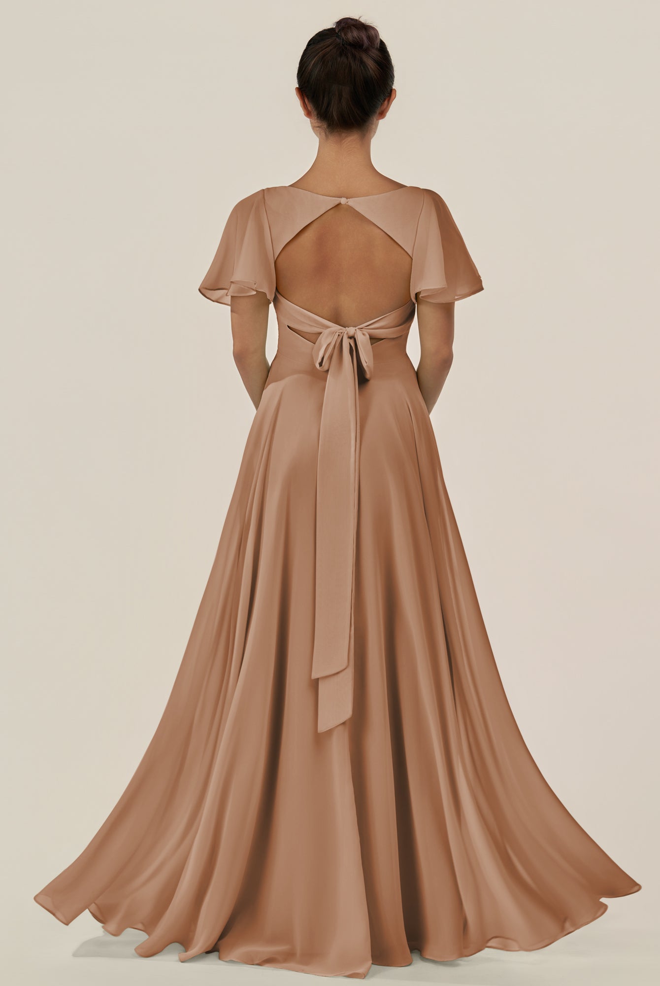 KissDress-Jania Bronzer A Line Chiffon V Neck Long Bridesmaid Dress with Flutter Sleeves