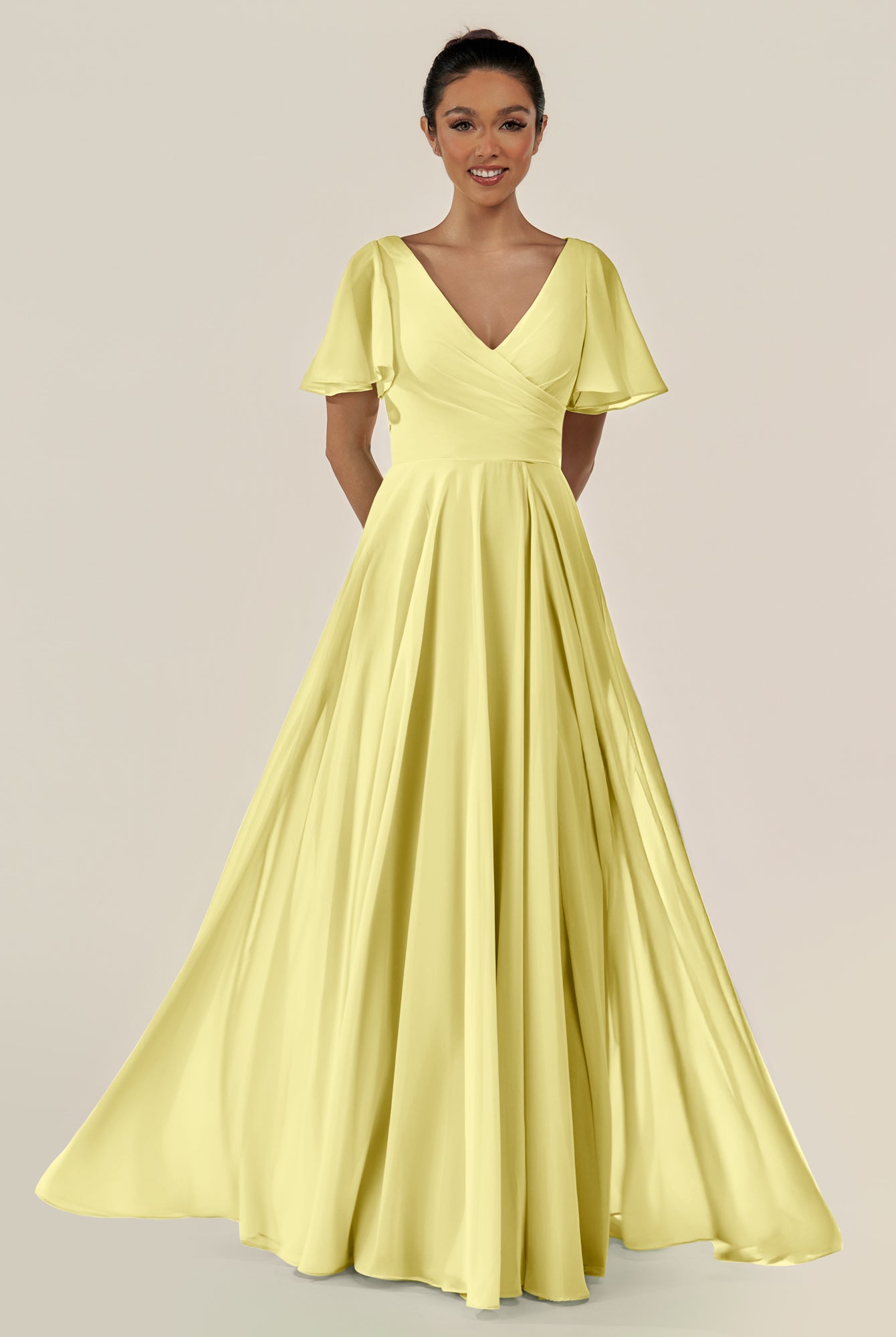 KissDress-Jania Buttercup A Line Chiffon V Neck Long Bridesmaid Dress with Flutter Sleeves