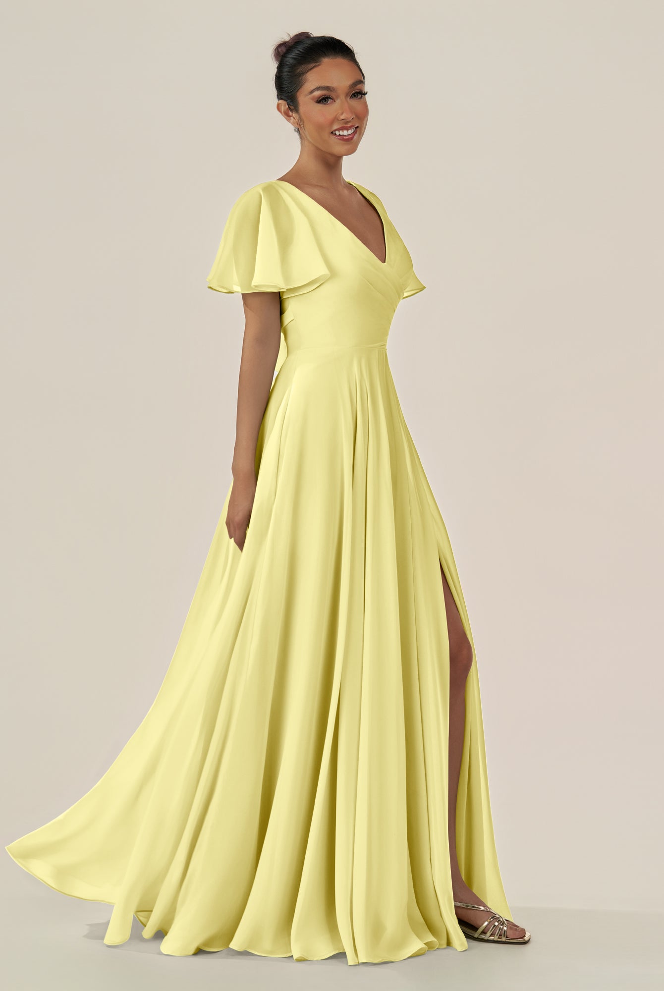 KissDress-Jania Buttercup A Line Chiffon V Neck Long Bridesmaid Dress with Flutter Sleeves