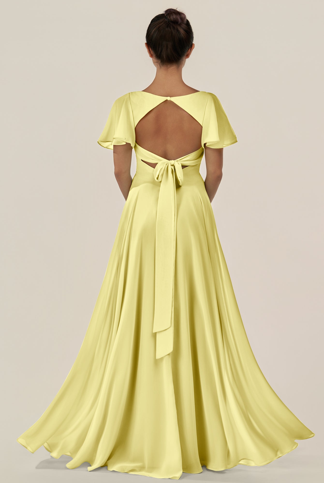 KissDress-Jania Buttercup A Line Chiffon V Neck Long Bridesmaid Dress with Flutter Sleeves
