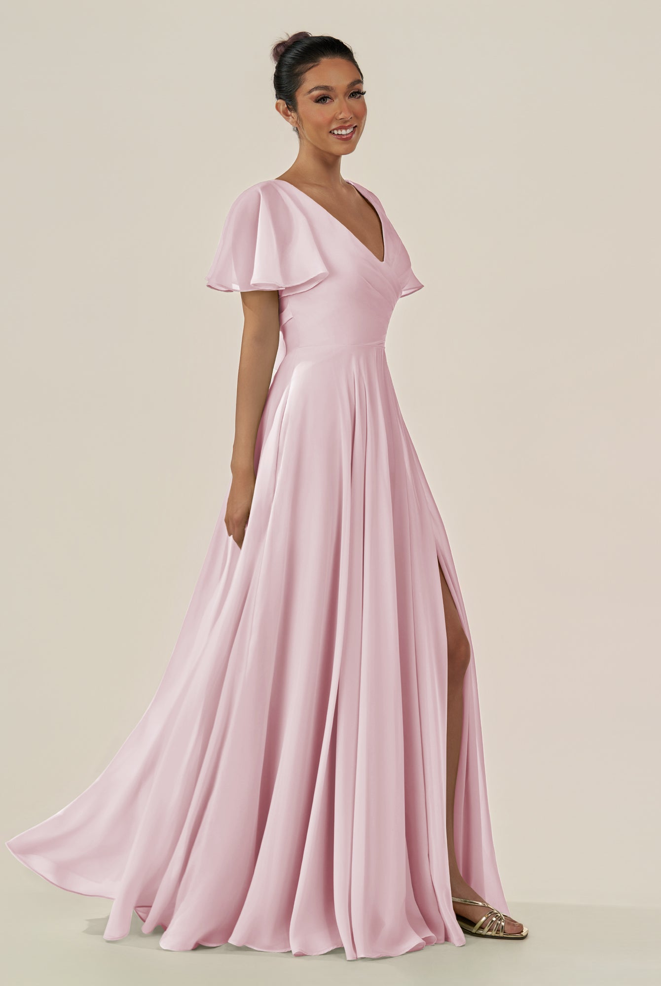 KissDress-Jania Candy Pink A Line Chiffon V Neck Long Bridesmaid Dress with Flutter Sleeves