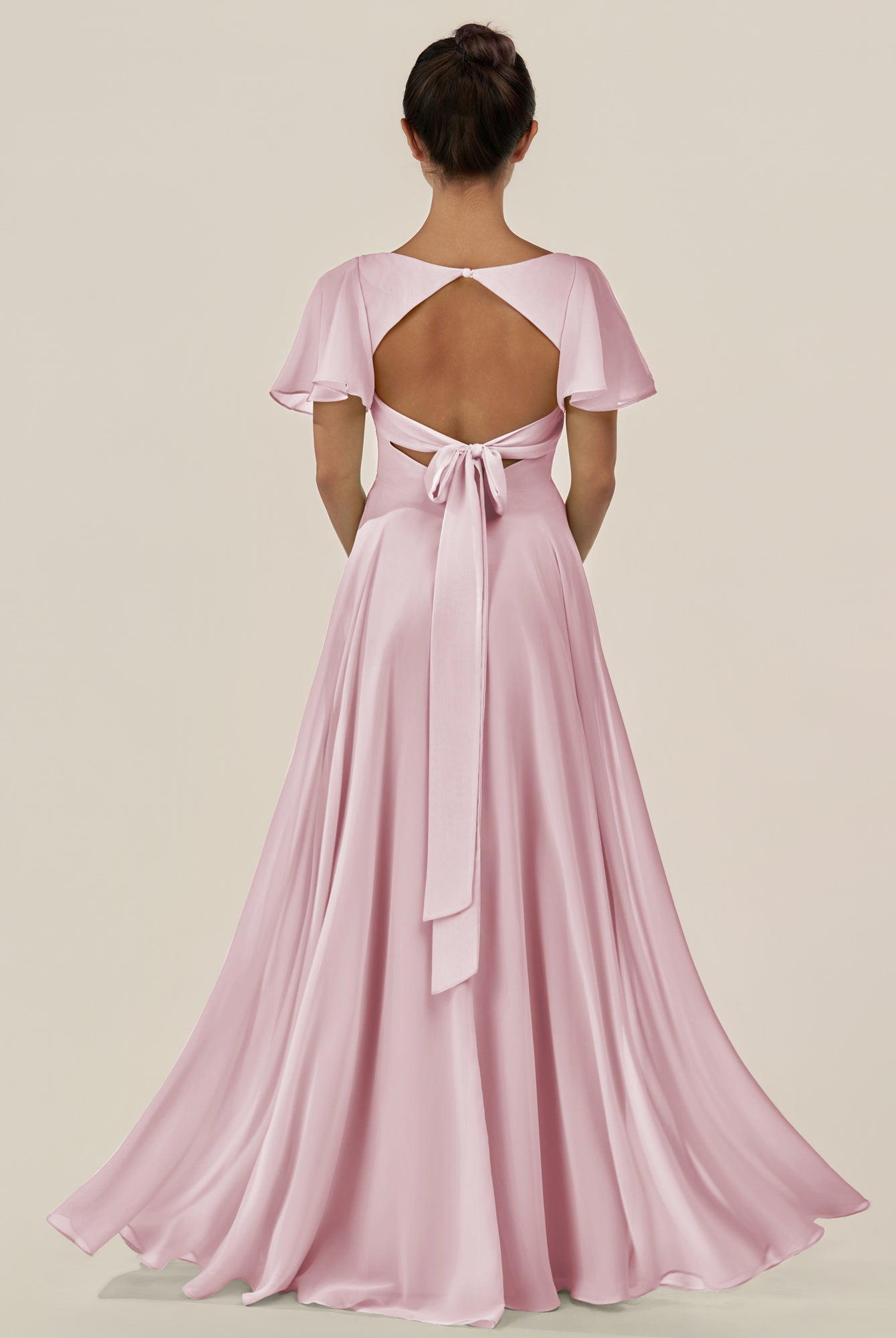 KissDress-Jania Candy Pink A Line Chiffon V Neck Long Bridesmaid Dress with Flutter Sleeves