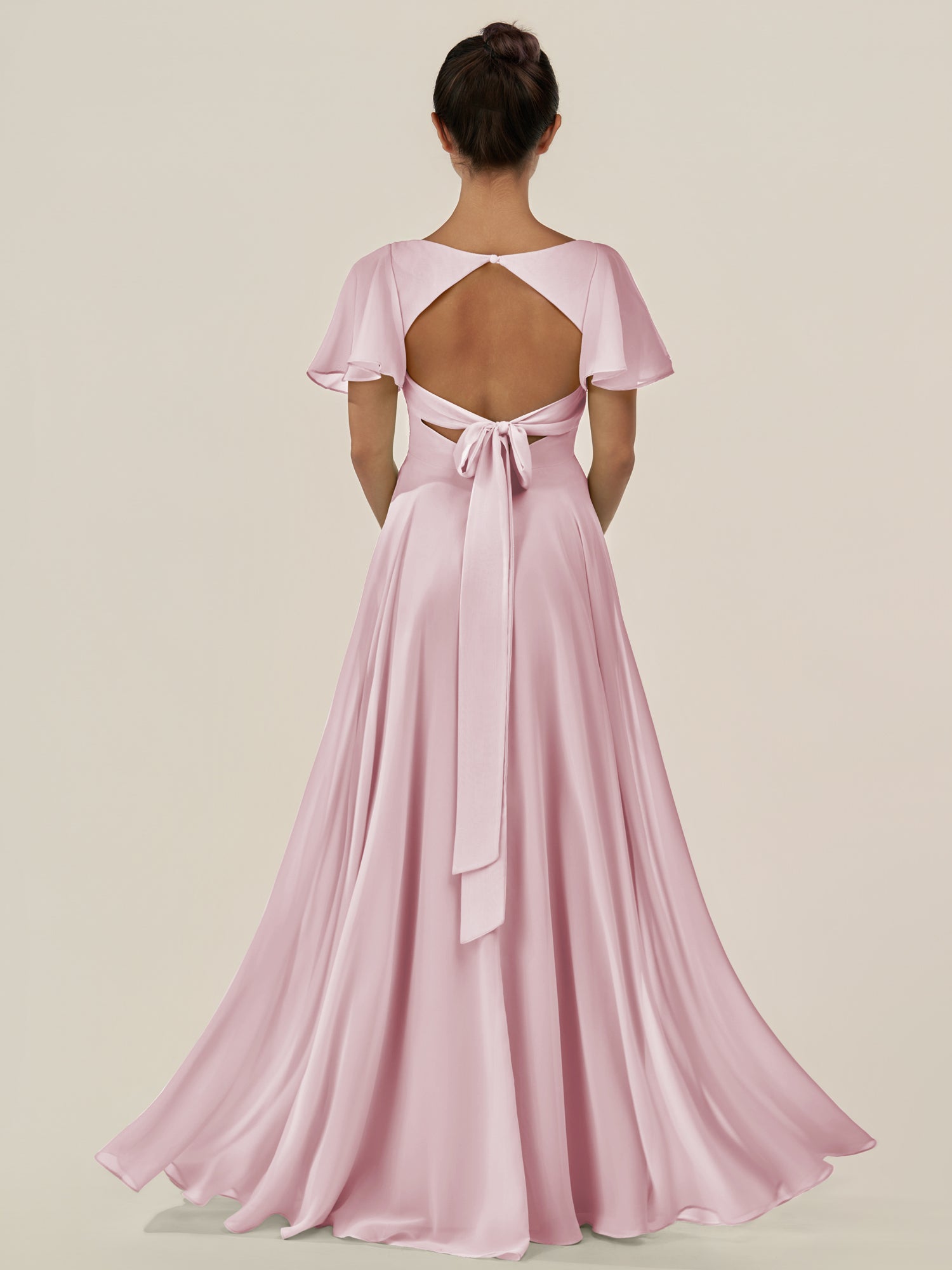 KissDress-Jania Candy Pink A Line Chiffon V Neck Long Bridesmaid Dress with Flutter Sleeves