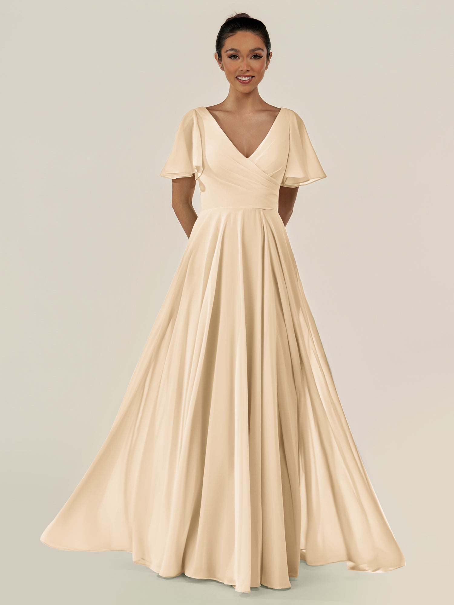 KissDress-Jania Champagne A Line Chiffon V Neck Long Bridesmaid Dress with Flutter Sleeves