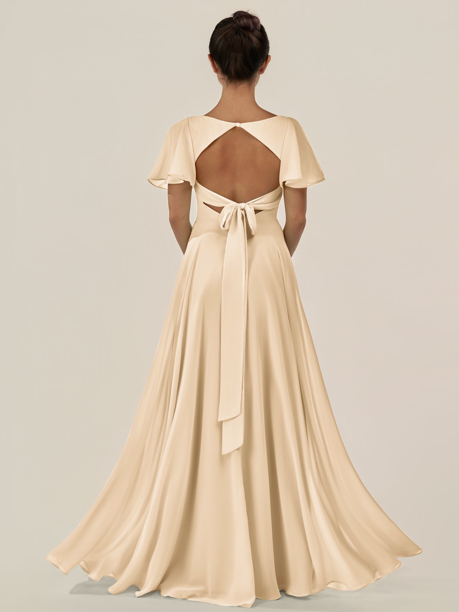 KissDress-Jania Champagne A Line Chiffon V Neck Long Bridesmaid Dress with Flutter Sleeves