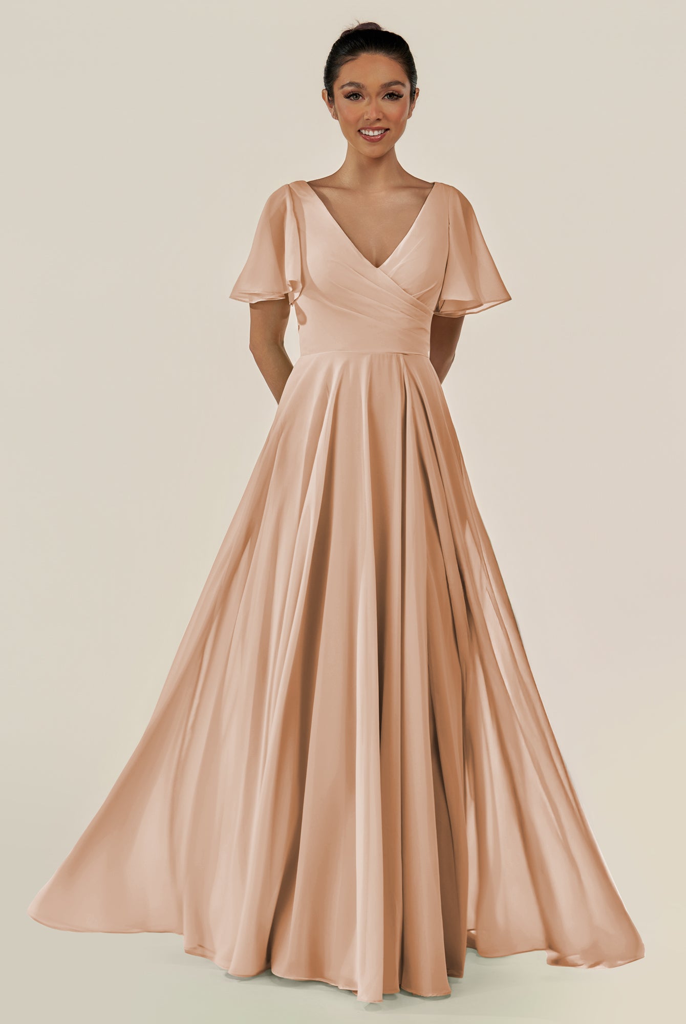 KissDress-Jania Champagne Rose A Line Chiffon V Neck Long Bridesmaid Dress with Flutter Sleeves