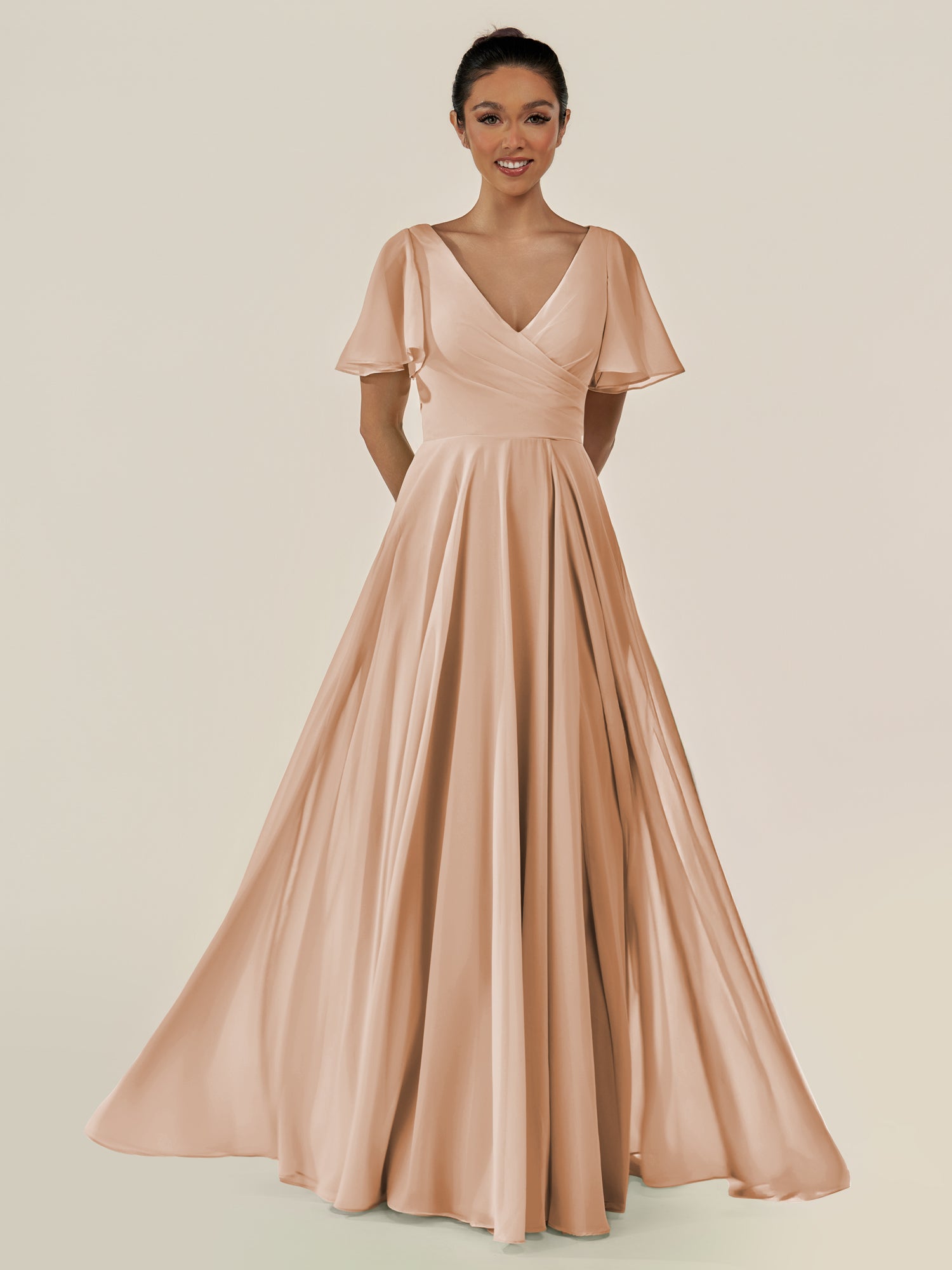 KissDress-Jania Champagne Rose A Line Chiffon V Neck Long Bridesmaid Dress with Flutter Sleeves