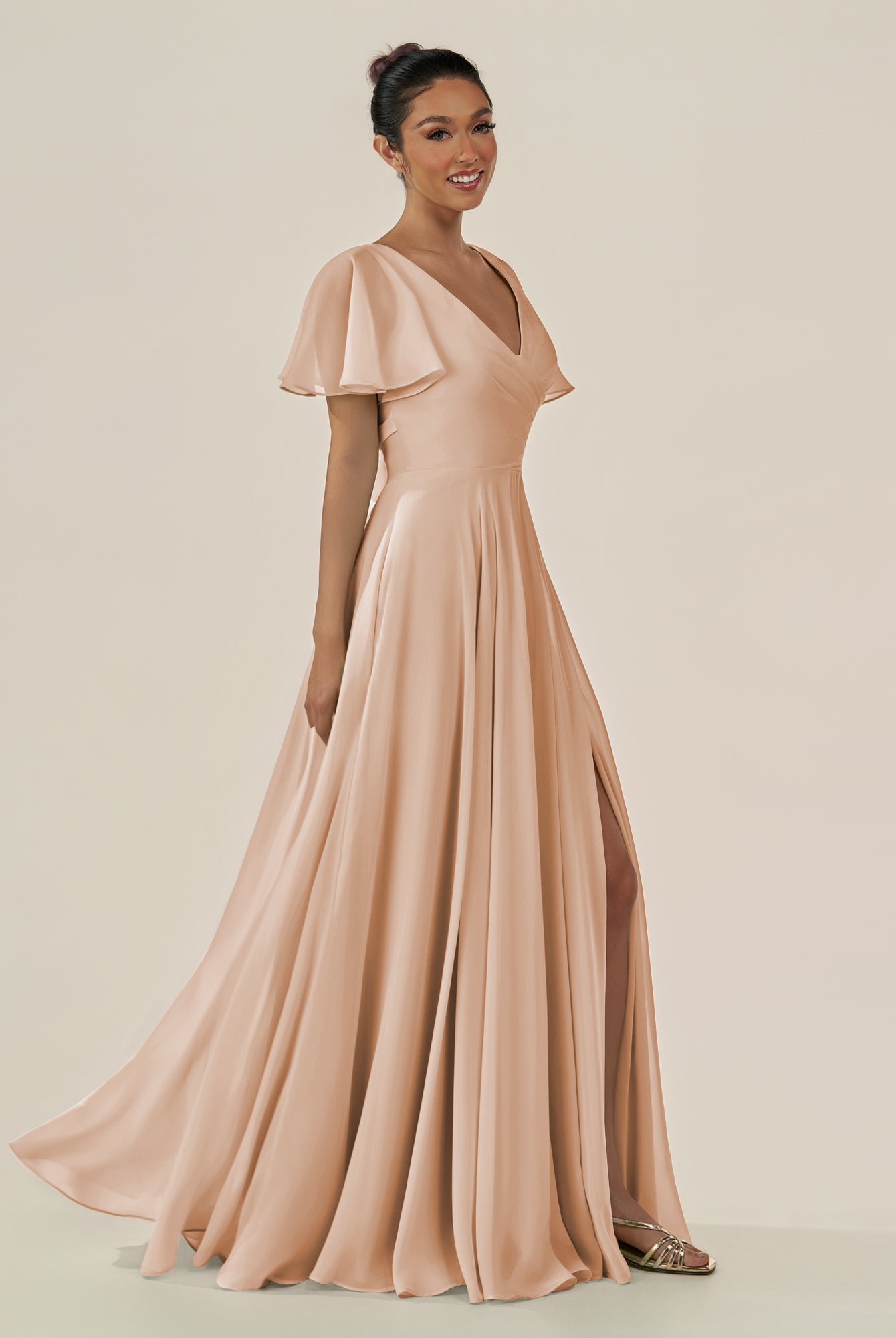 KissDress-Jania Champagne Rose A Line Chiffon V Neck Long Bridesmaid Dress with Flutter Sleeves