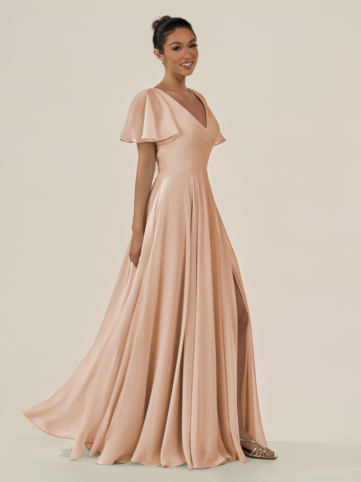 KissDress-Jania Champagne Rose A Line Chiffon V Neck Long Bridesmaid Dress with Flutter Sleeves