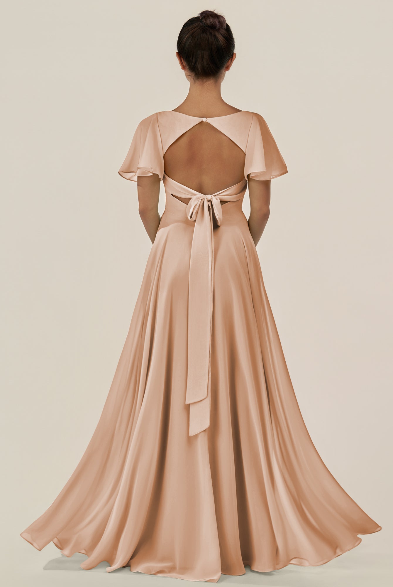 KissDress-Jania Champagne Rose A Line Chiffon V Neck Long Bridesmaid Dress with Flutter Sleeves