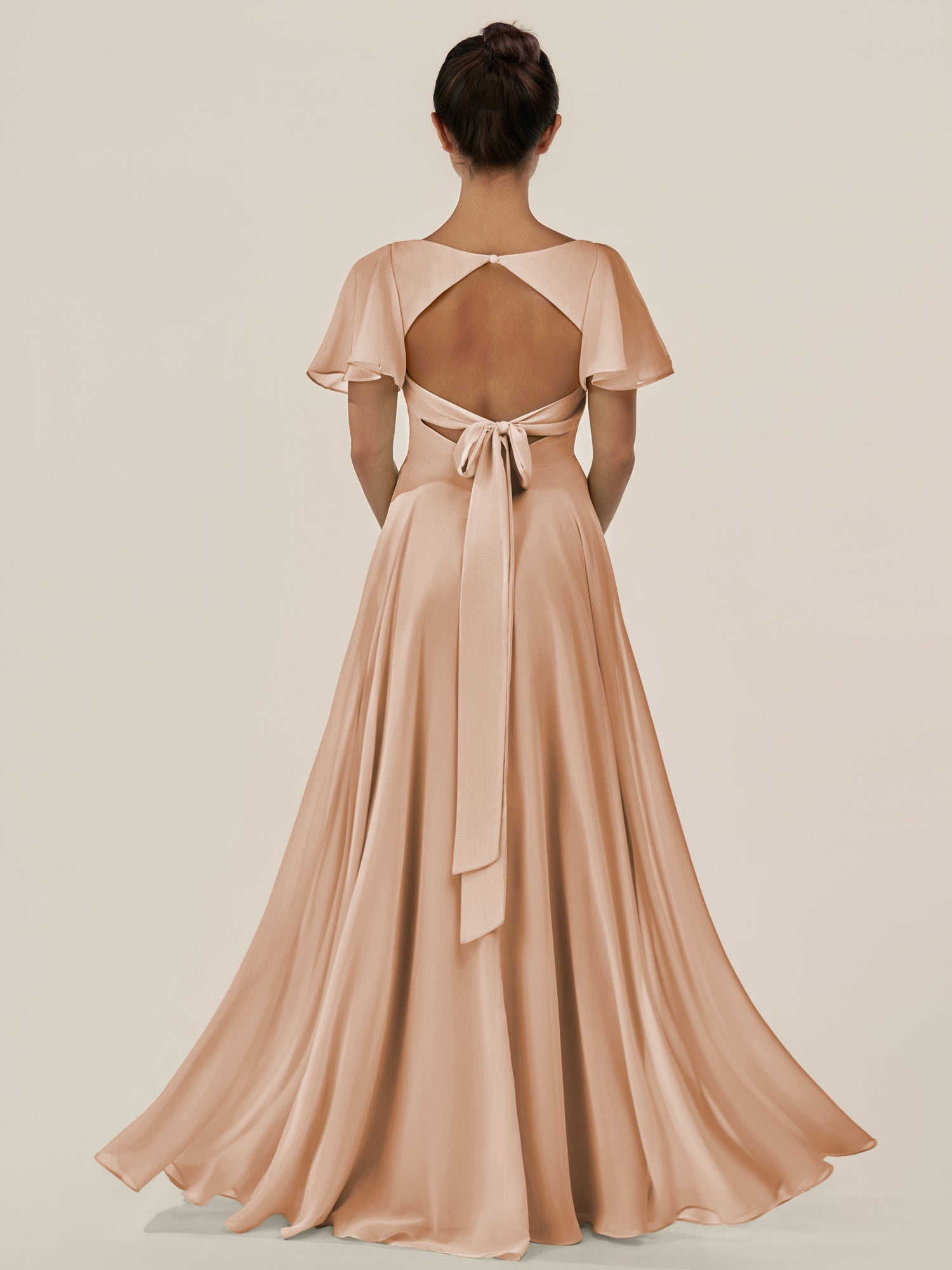 KissDress-Jania Champagne Rose A Line Chiffon V Neck Long Bridesmaid Dress with Flutter Sleeves