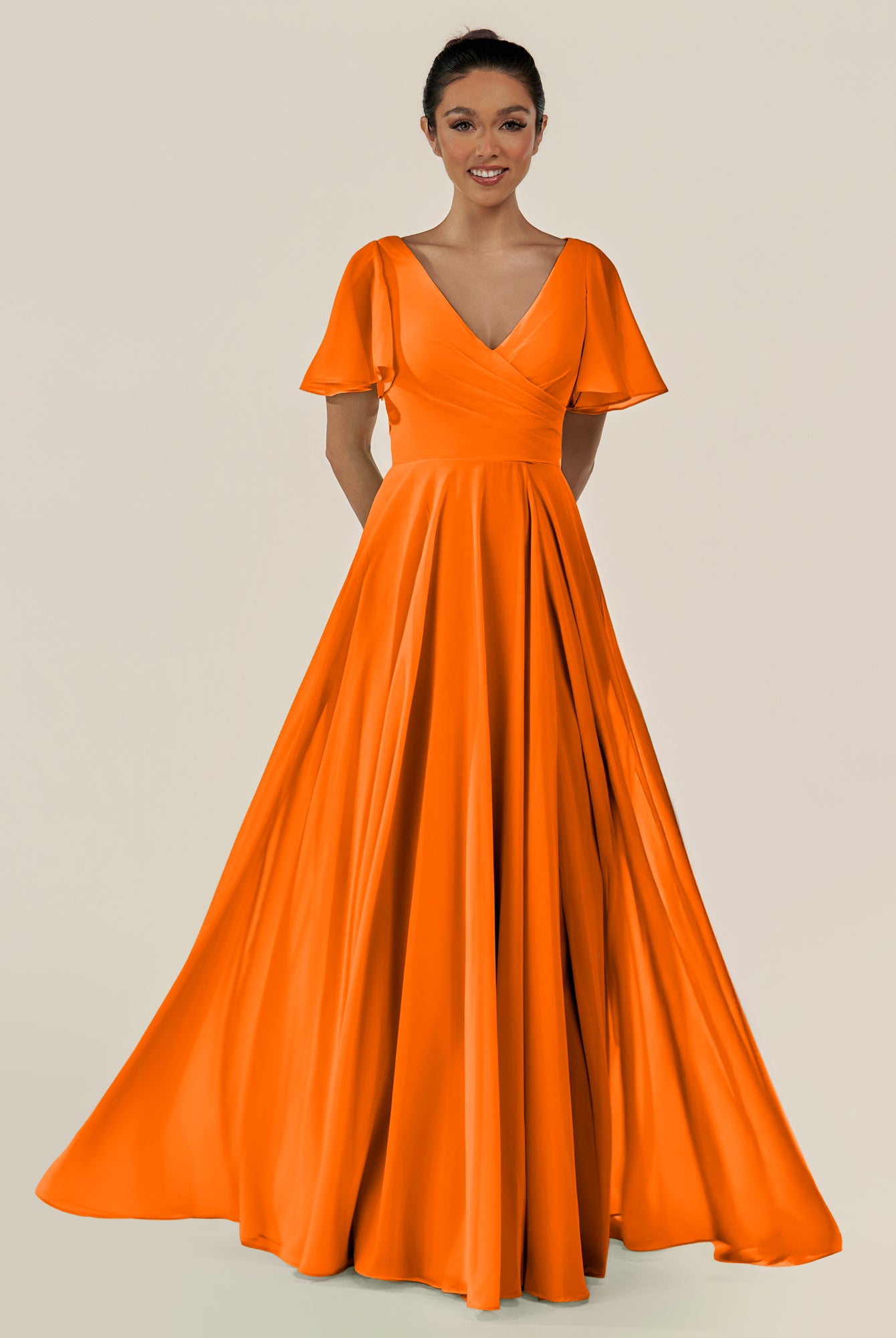 KissDress-Jania Cinnamon A Line Chiffon V Neck Long Bridesmaid Dress with Flutter Sleeves