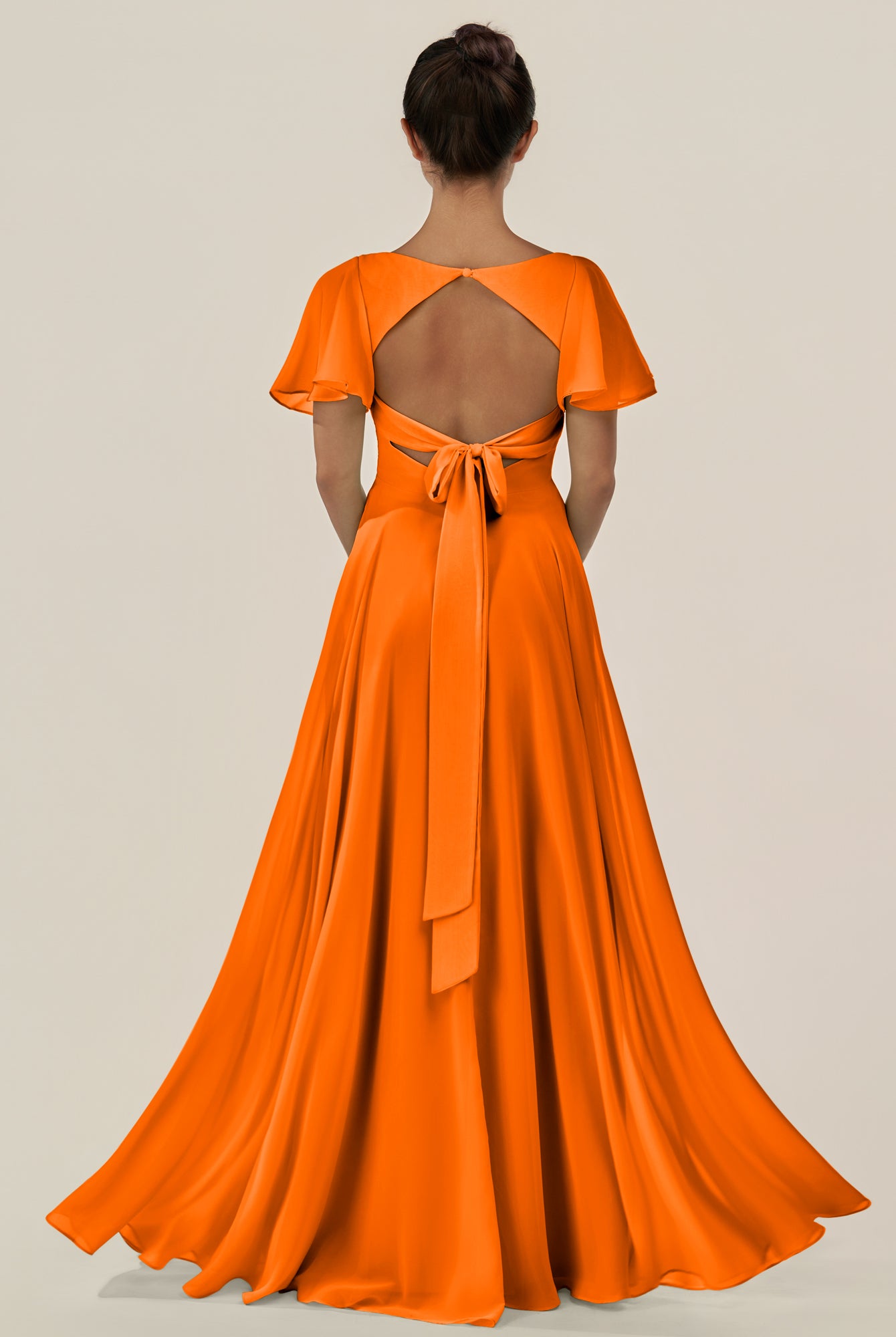 KissDress-Jania Cinnamon A Line Chiffon V Neck Long Bridesmaid Dress with Flutter Sleeves
