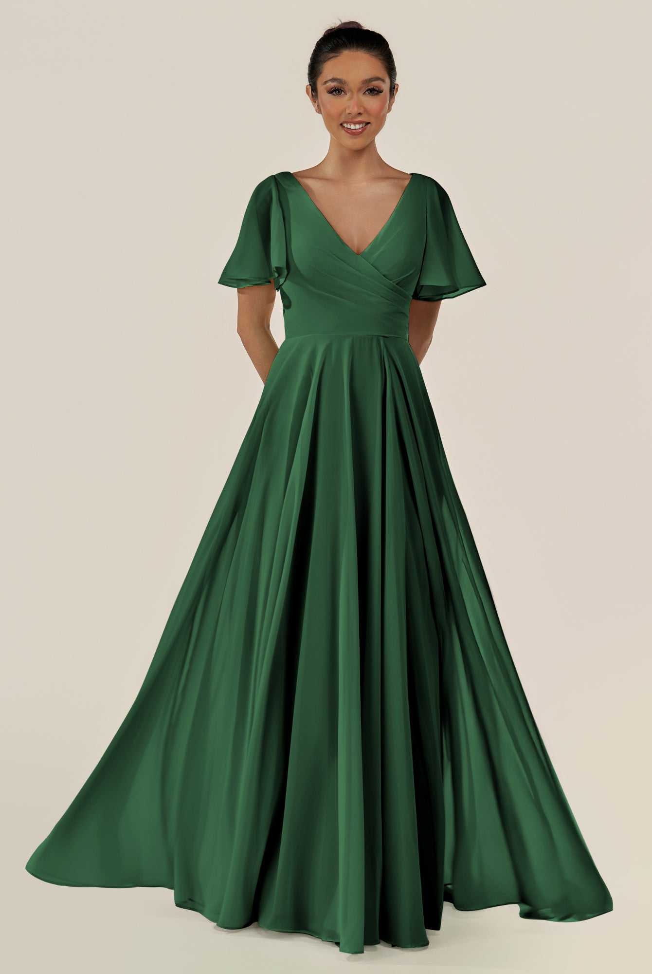 KissDress-Jania Dark Green A Line Chiffon V Neck Long Bridesmaid Dress with Flutter Sleeves