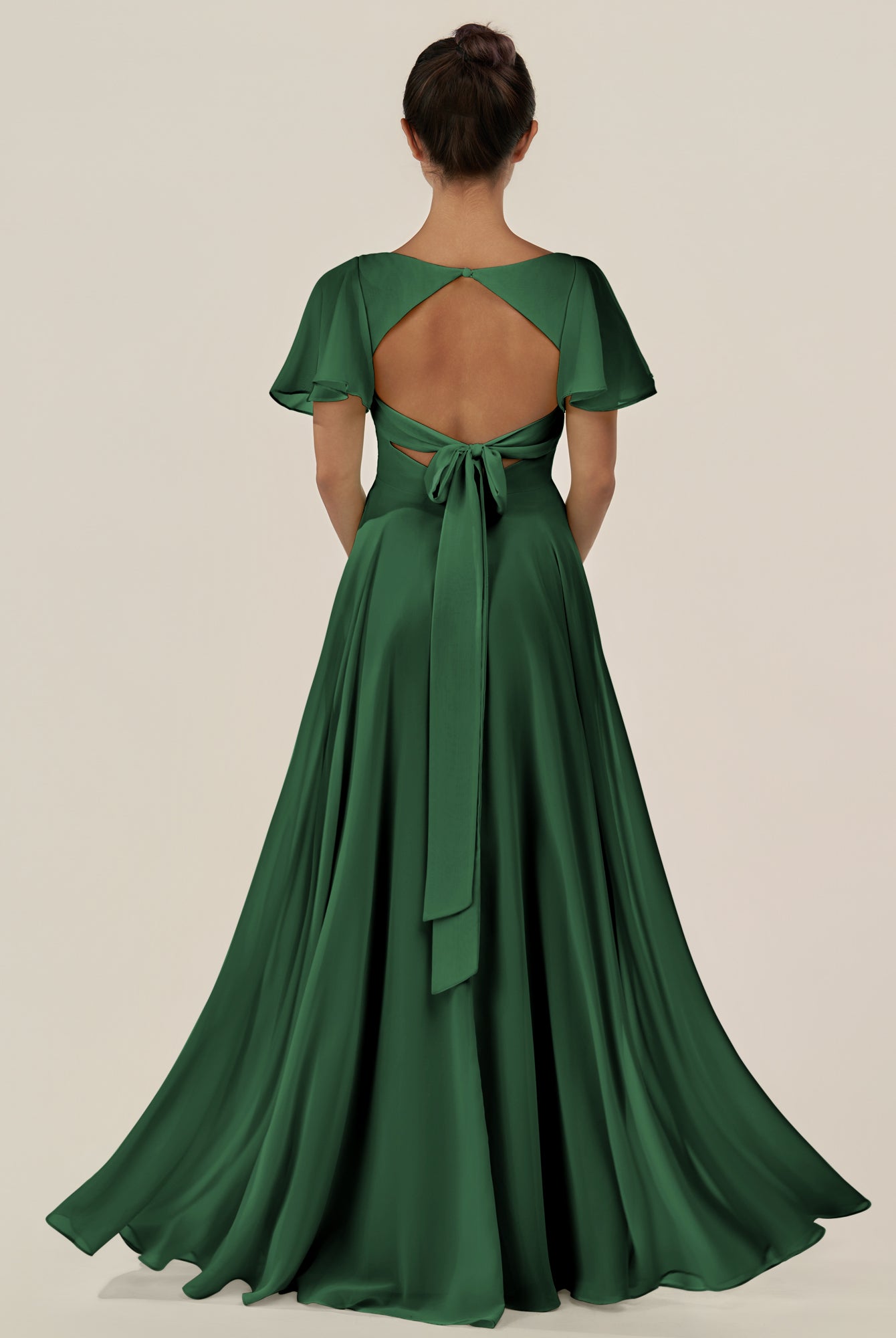 KissDress-Jania Dark Green A Line Chiffon V Neck Long Bridesmaid Dress with Flutter Sleeves