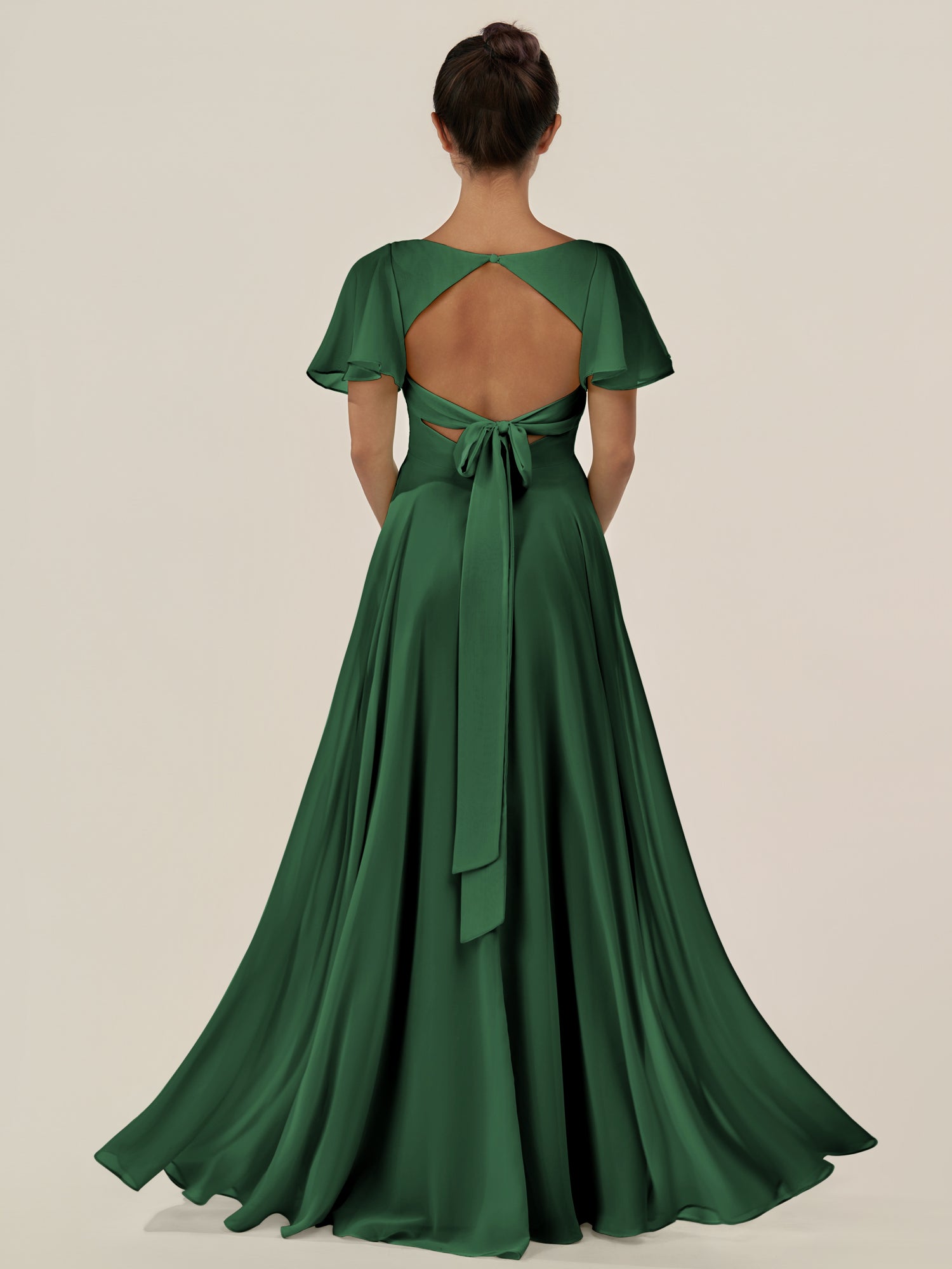 KissDress-Jania Dark Green A Line Chiffon V Neck Long Bridesmaid Dress with Flutter Sleeves