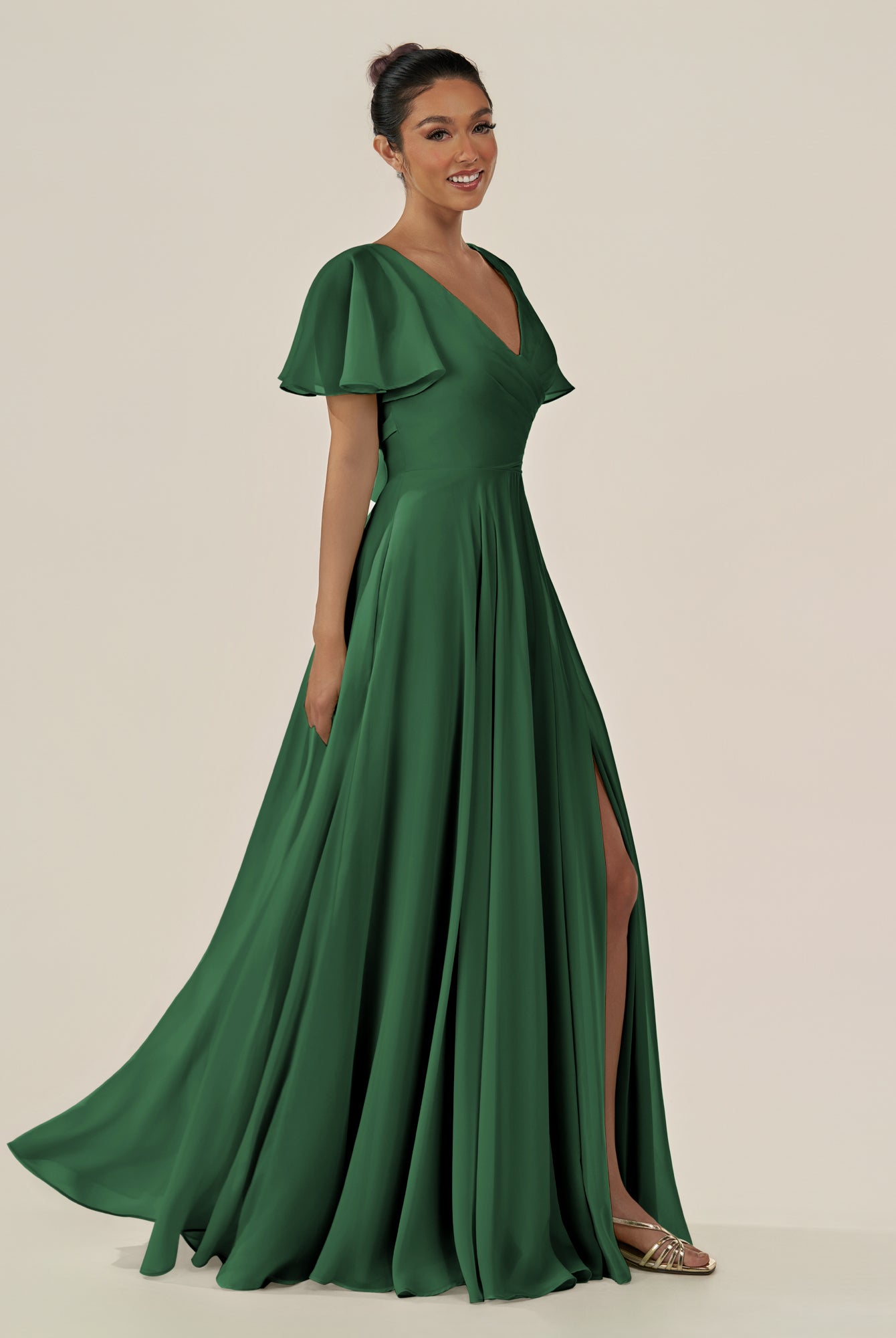 KissDress-Jania Dark Green A Line Chiffon V Neck Long Bridesmaid Dress with Flutter Sleeves