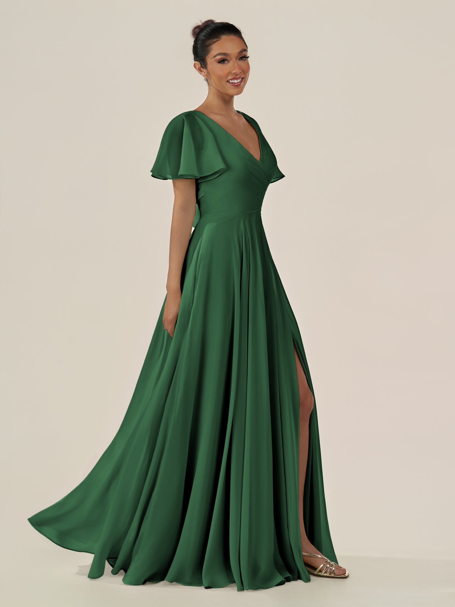 KissDress-Jania Dark Green A Line Chiffon V Neck Long Bridesmaid Dress with Flutter Sleeves