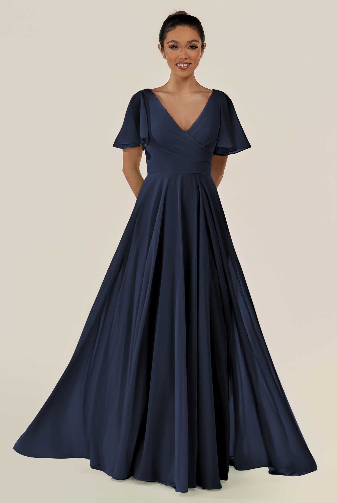KissDress-Jania Dark Navy A Line Chiffon V Neck Long Bridesmaid Dress with Flutter Sleeves